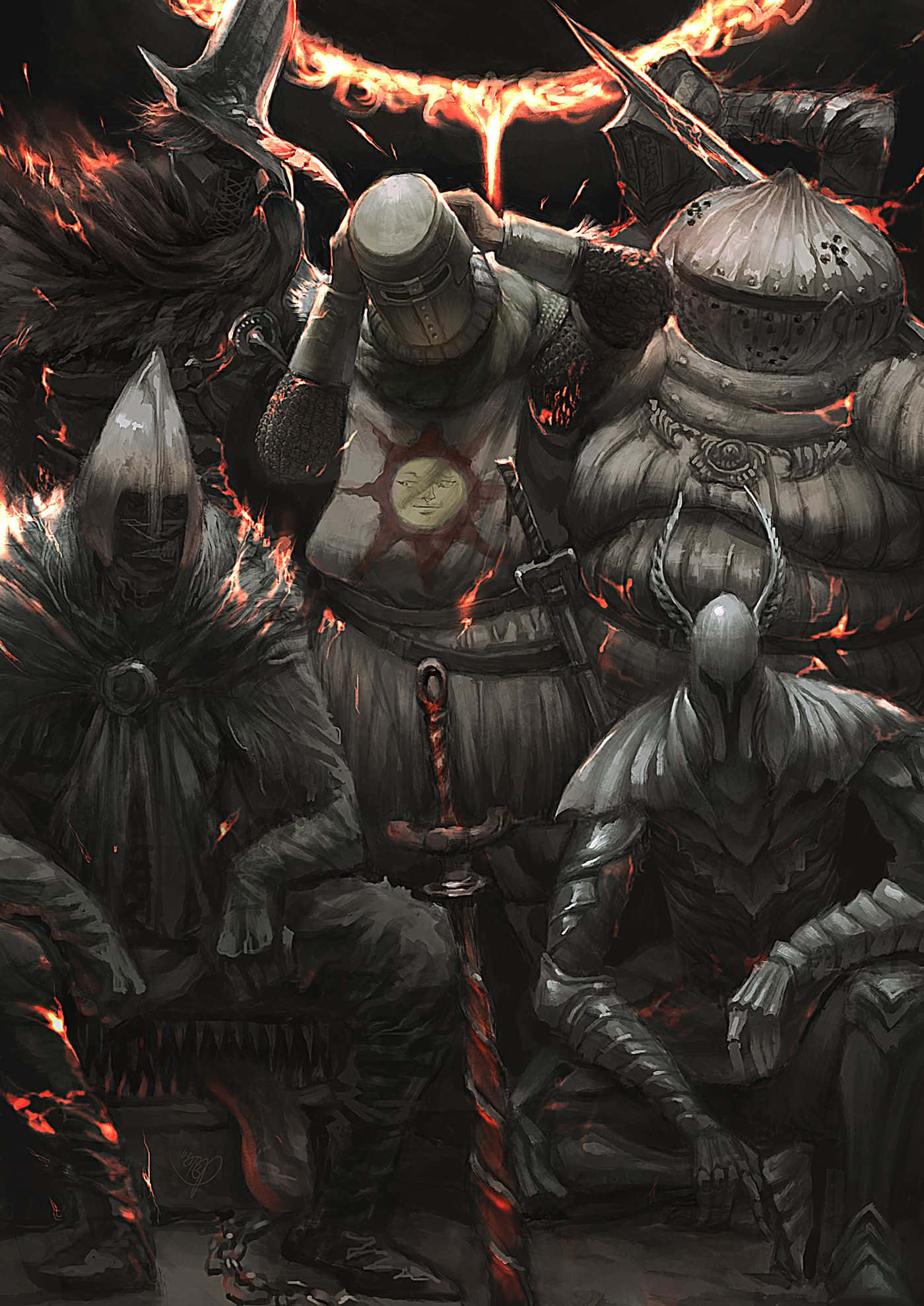 Solaire of Astora, fiery throne room, glowing red flames, Full HD Phone Wallpaper