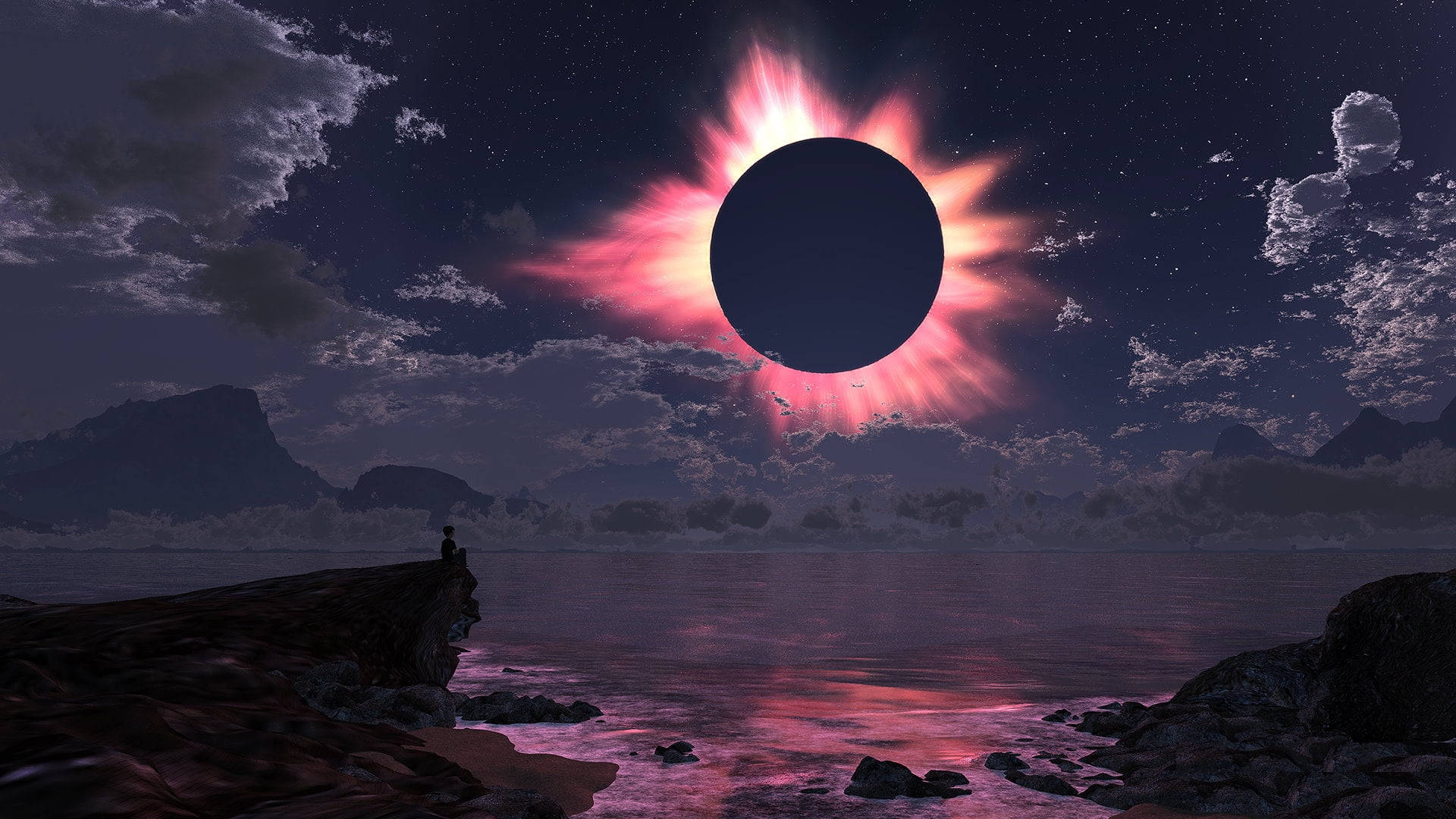 solar eclipse, boy, rocky cliff, Full HD Desktop Wallpaper
