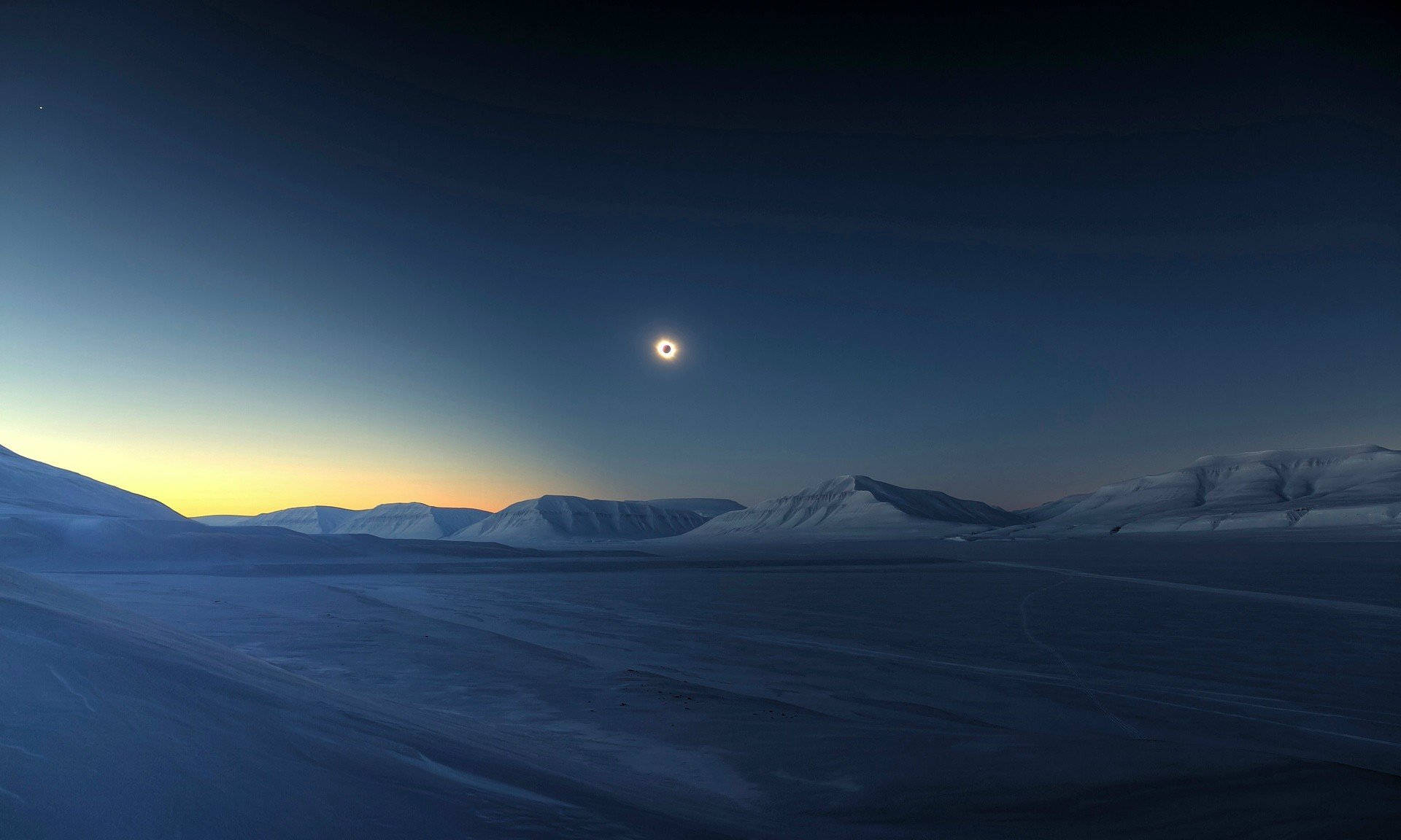 solar eclipse, arctic, snow-covered mountain range, Full HD Desktop Wallpaper