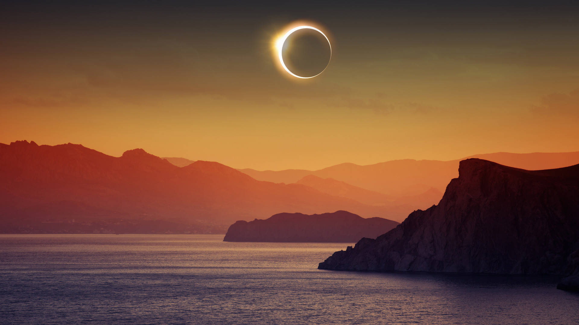 Solar Eclipse, seaside cliff, tranquil sea, Full HD Desktop Wallpaper