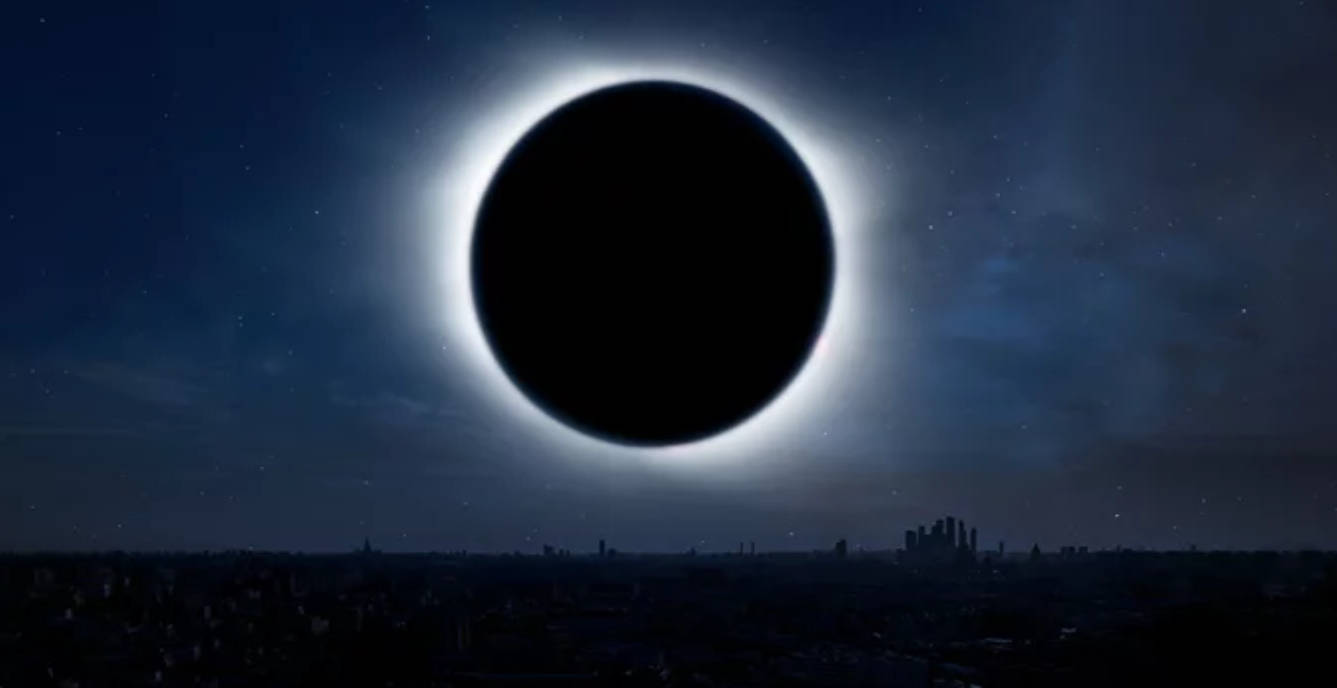Solar Eclipse, starry night sky, silhouetted cityscape, HD Desktop Wallpaper