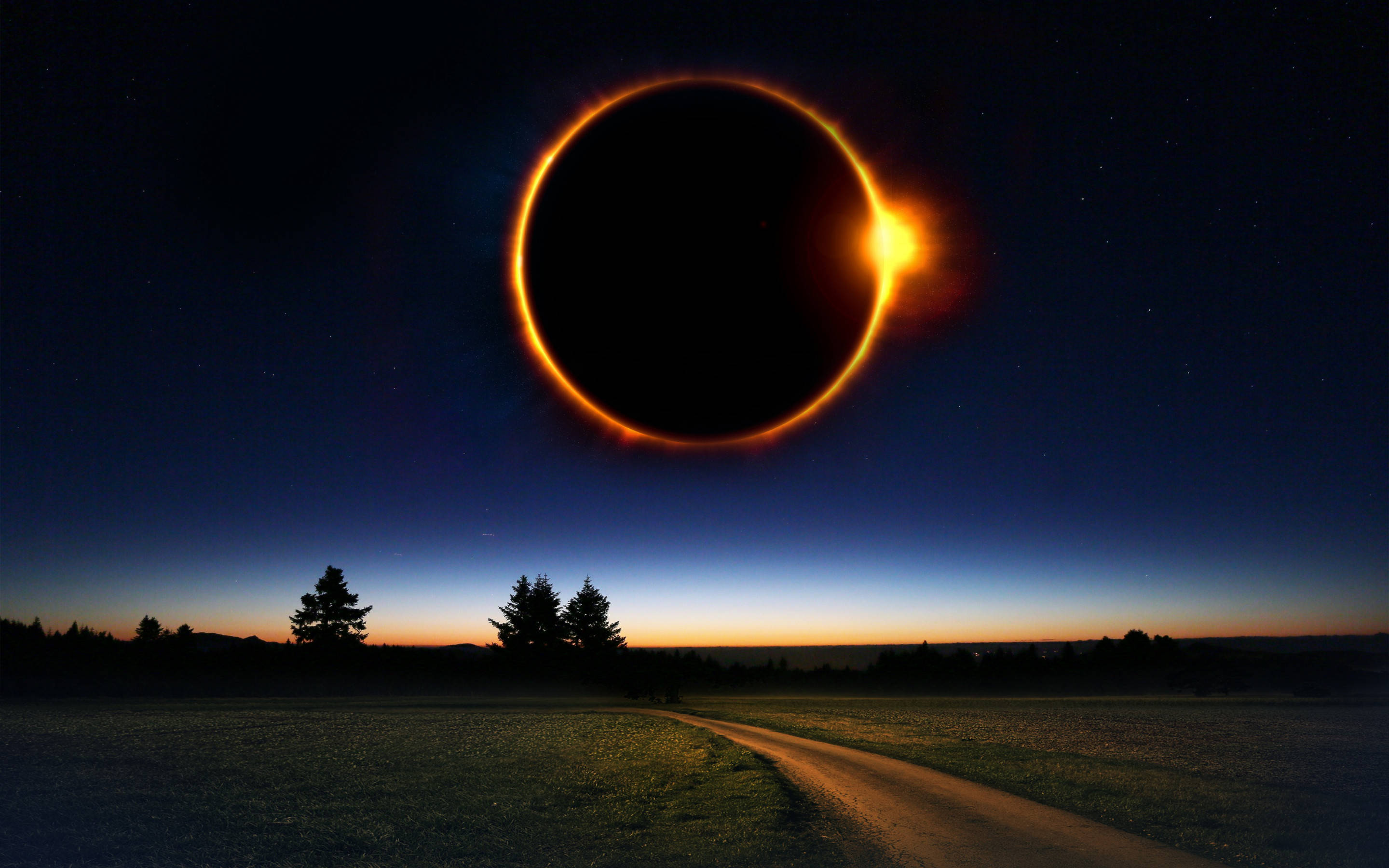 Solar Eclipse, country road, twilight, 2K Desktop Wallpaper