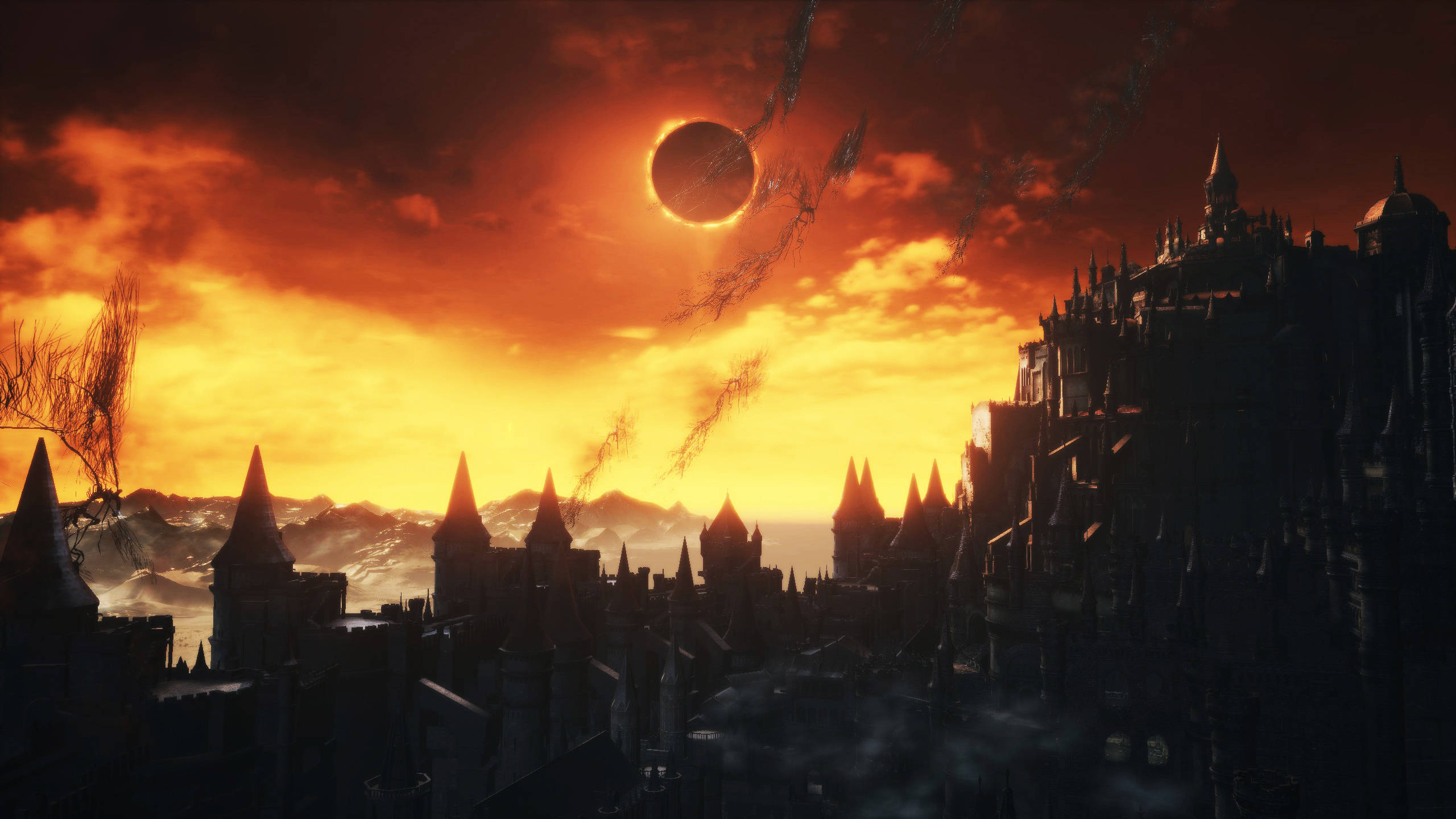 Solar Eclipse, fantasy town, gothic castle, 2K Desktop Wallpaper