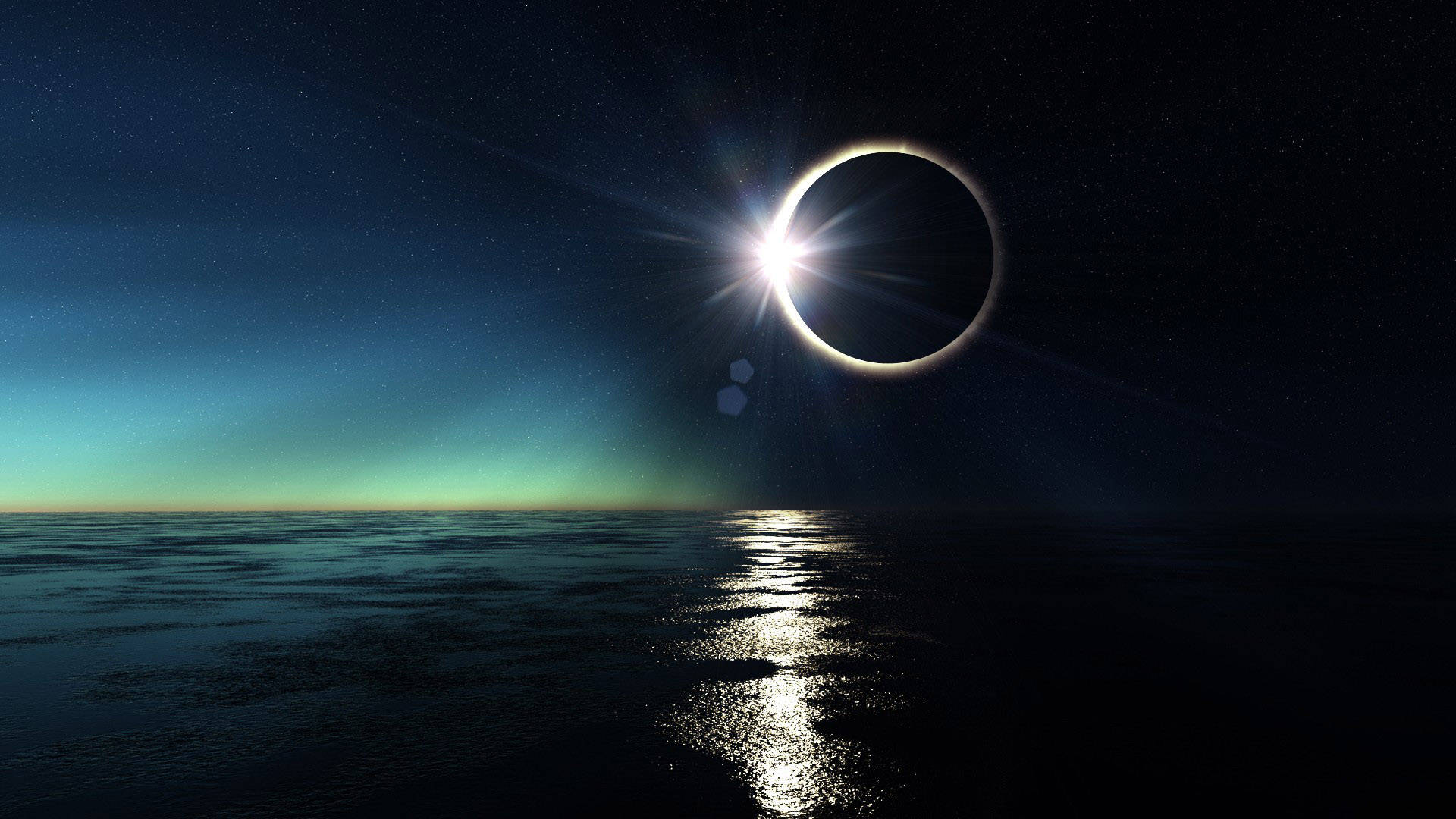 Solar Eclipse, ocean, starry night sky, Full HD Desktop Wallpaper