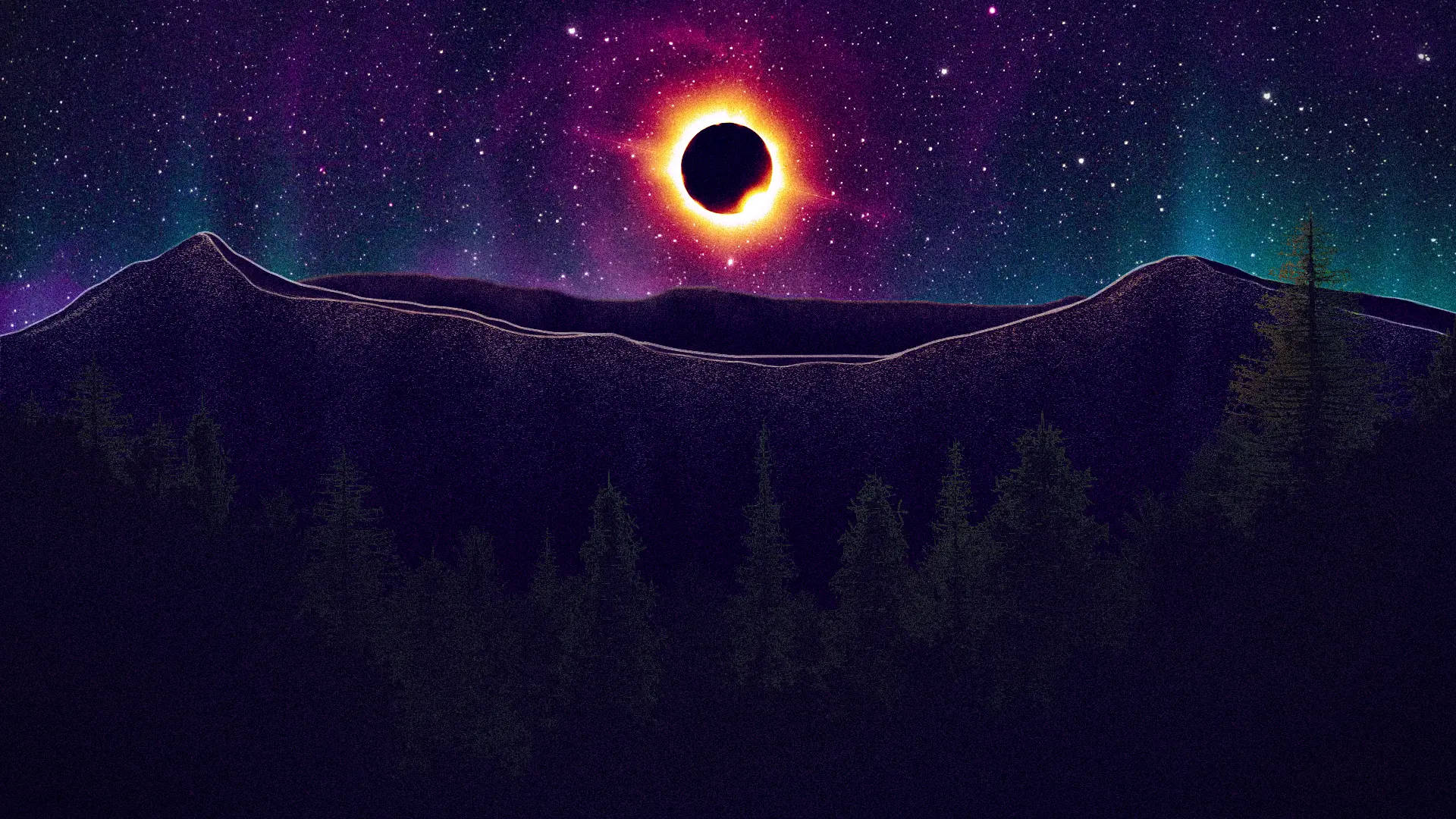 Solar Eclipse, Aurora, dark mountain range, Full HD Desktop Wallpaper