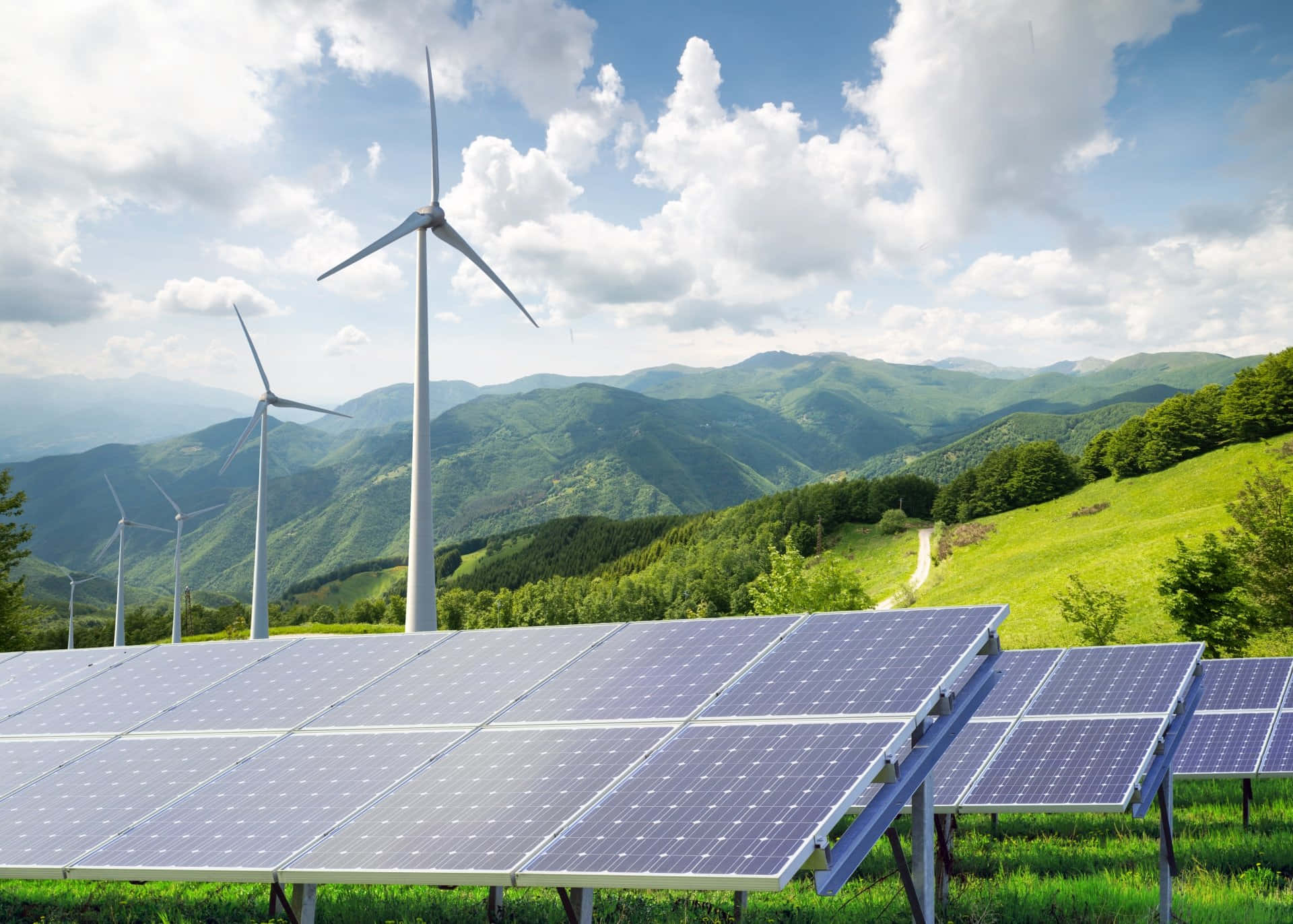 solar panels, wind turbines, grassy hillside, Full HD Desktop Wallpaper