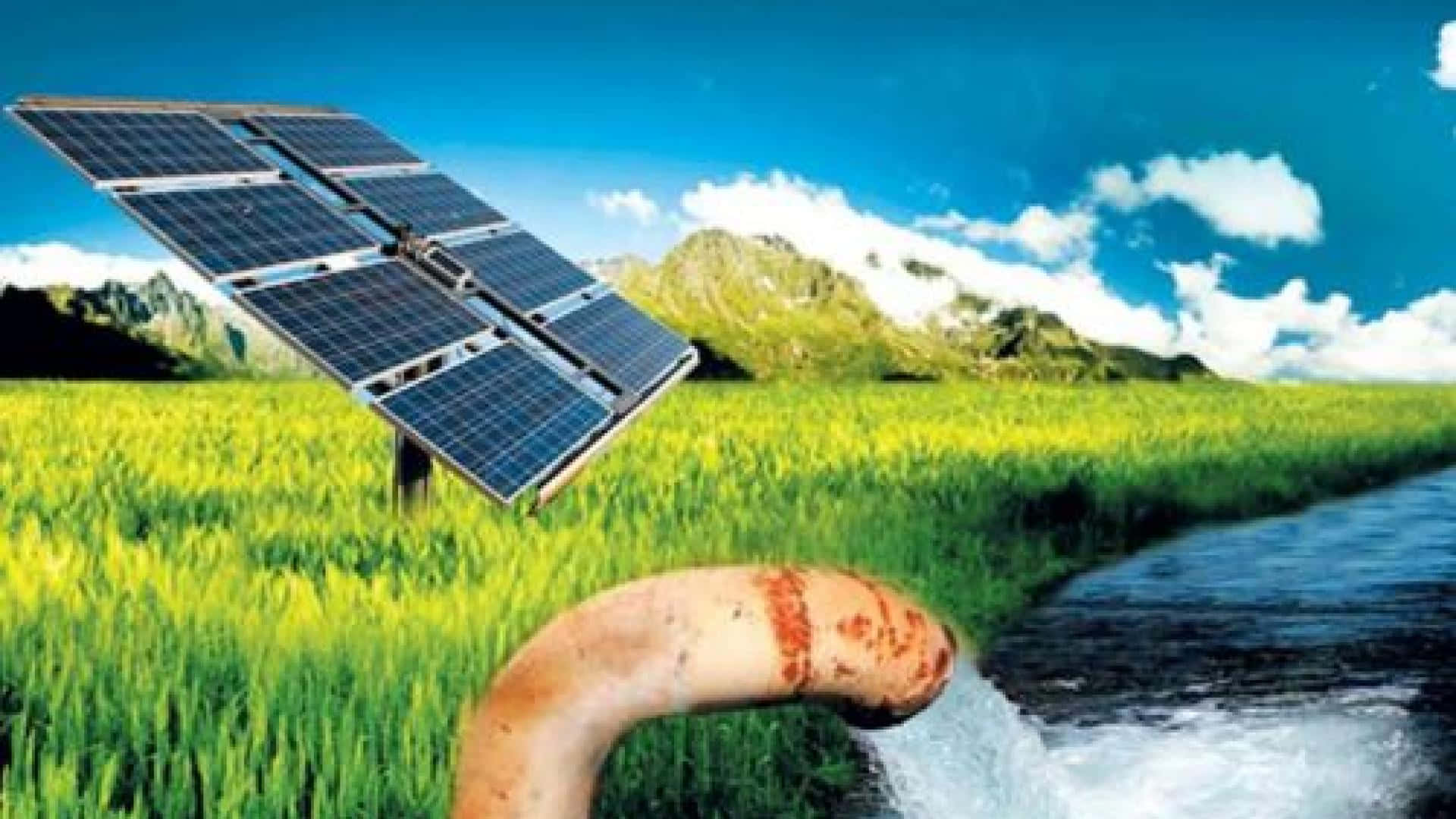 Solar Panel, Rusty Pipe, Vibrant Green Field, Full HD Desktop Wallpaper