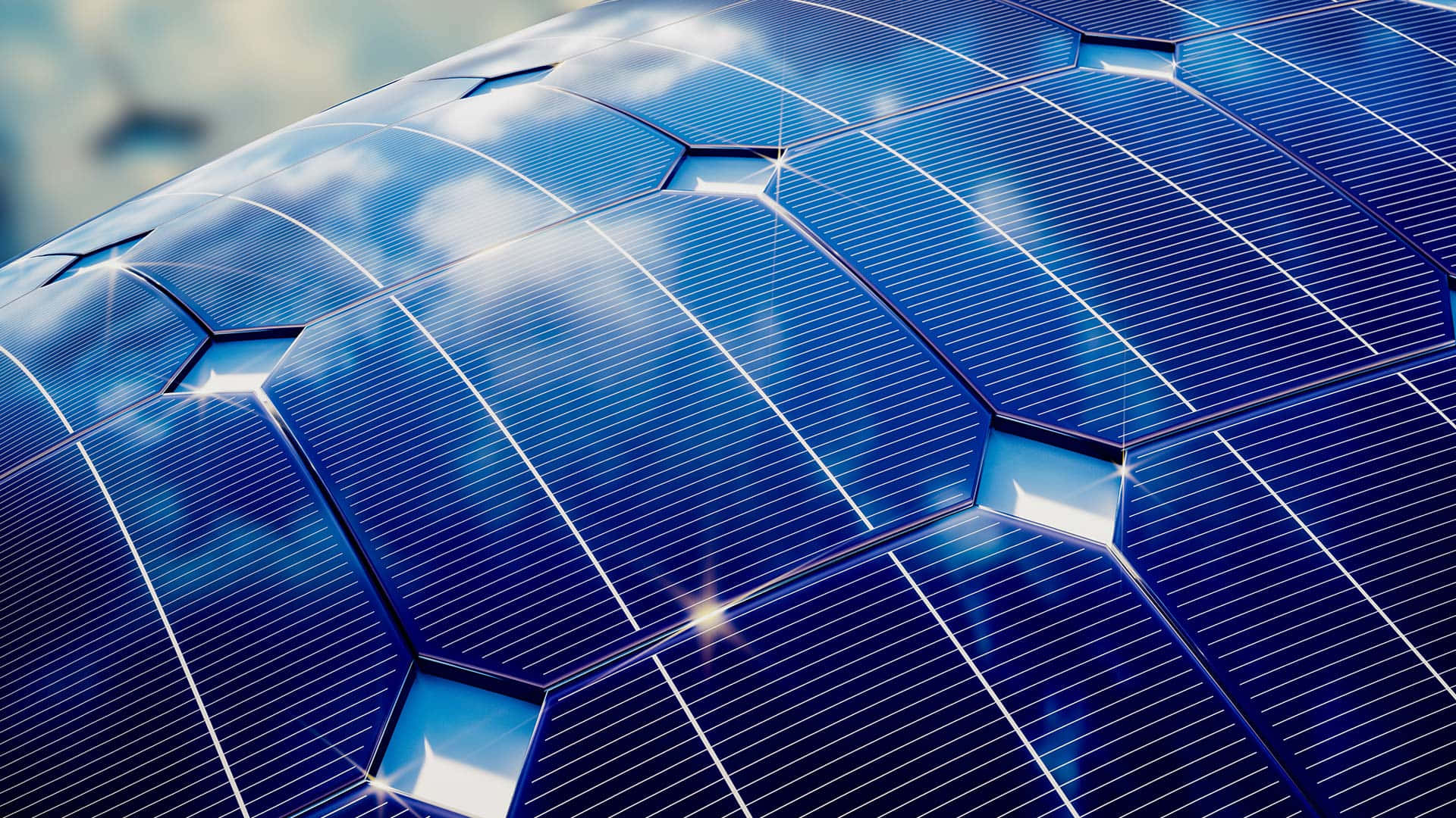 curved blue solar panels, bright sky, clouds, Full HD Desktop Wallpaper
