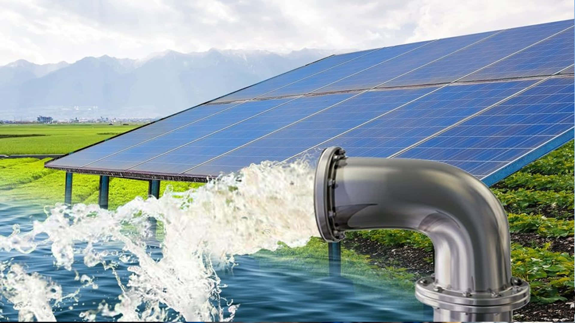 solar panels, metallic pipe, blue pond, Full HD Desktop Wallpaper