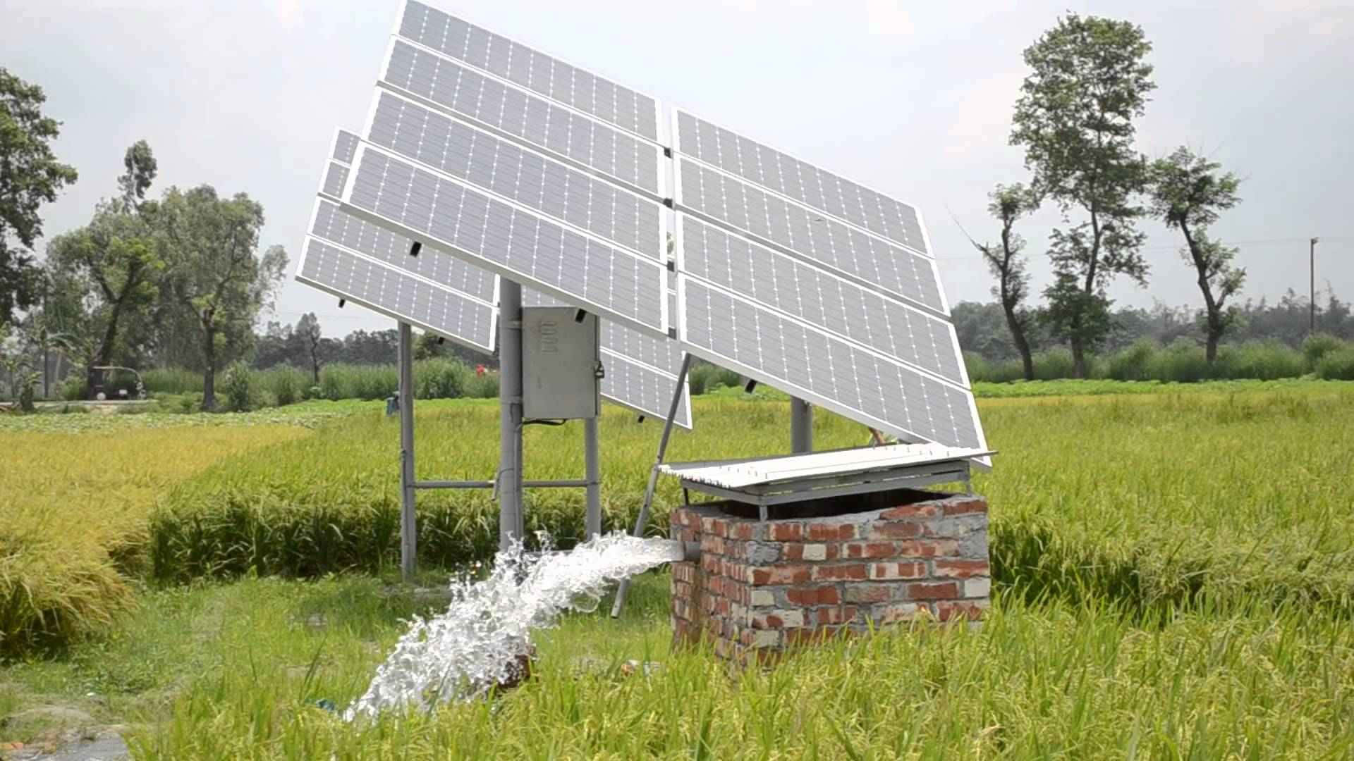 tilted solar panel, brick pump, lush green rice field, Full HD Desktop Wallpaper
