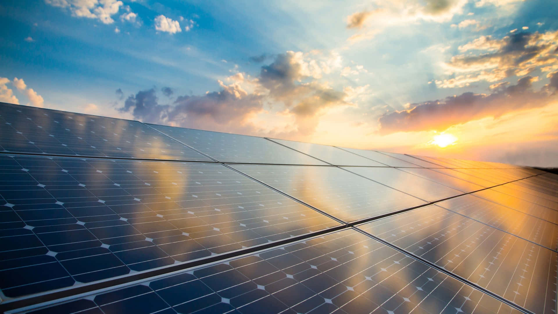 solar panels, vibrant sunset sky, golden clouds, Full HD Desktop Wallpaper