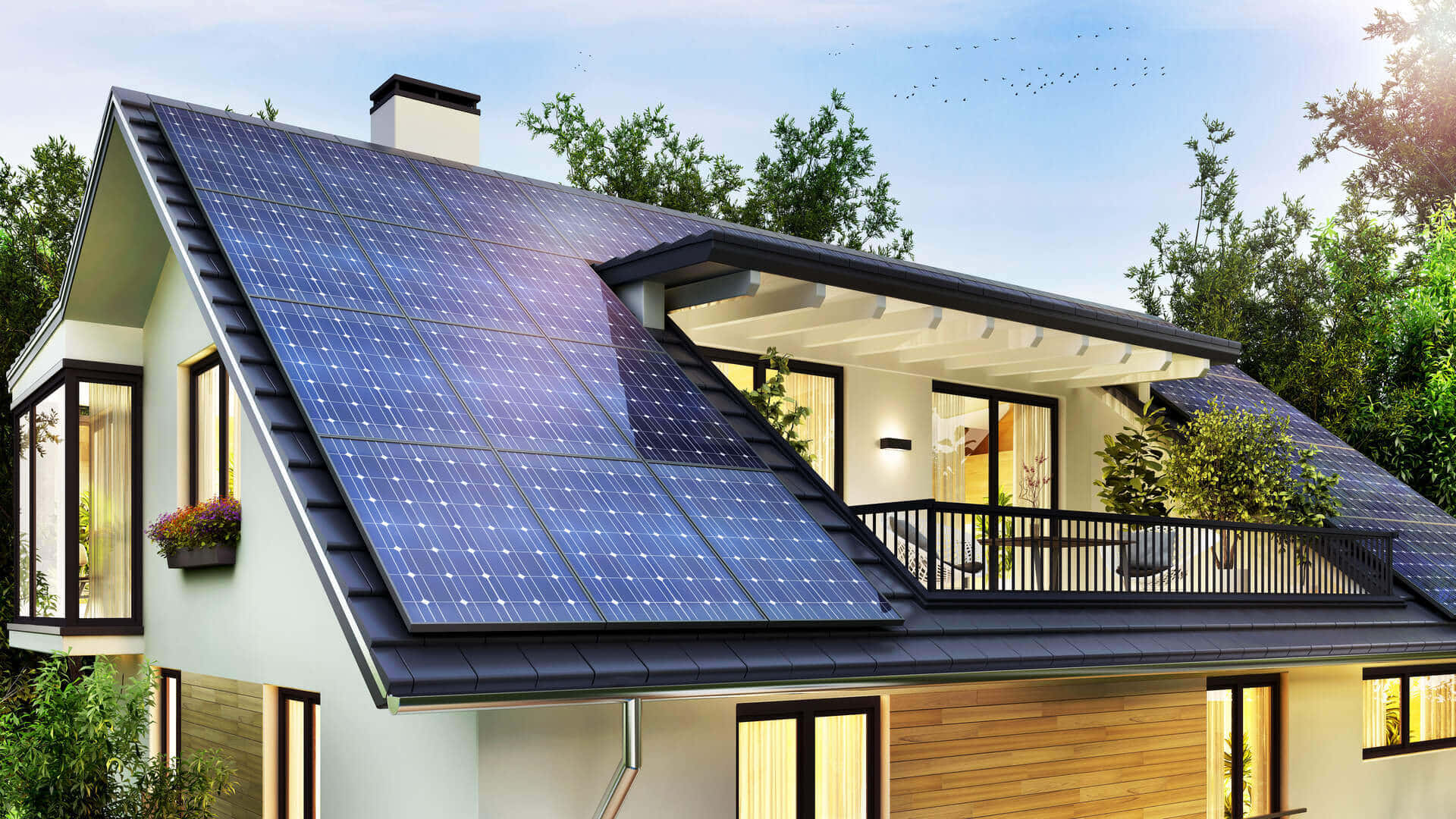 Modern eco-friendly house, solar panels on roof, lush green trees, Full HD Desktop Wallpaper