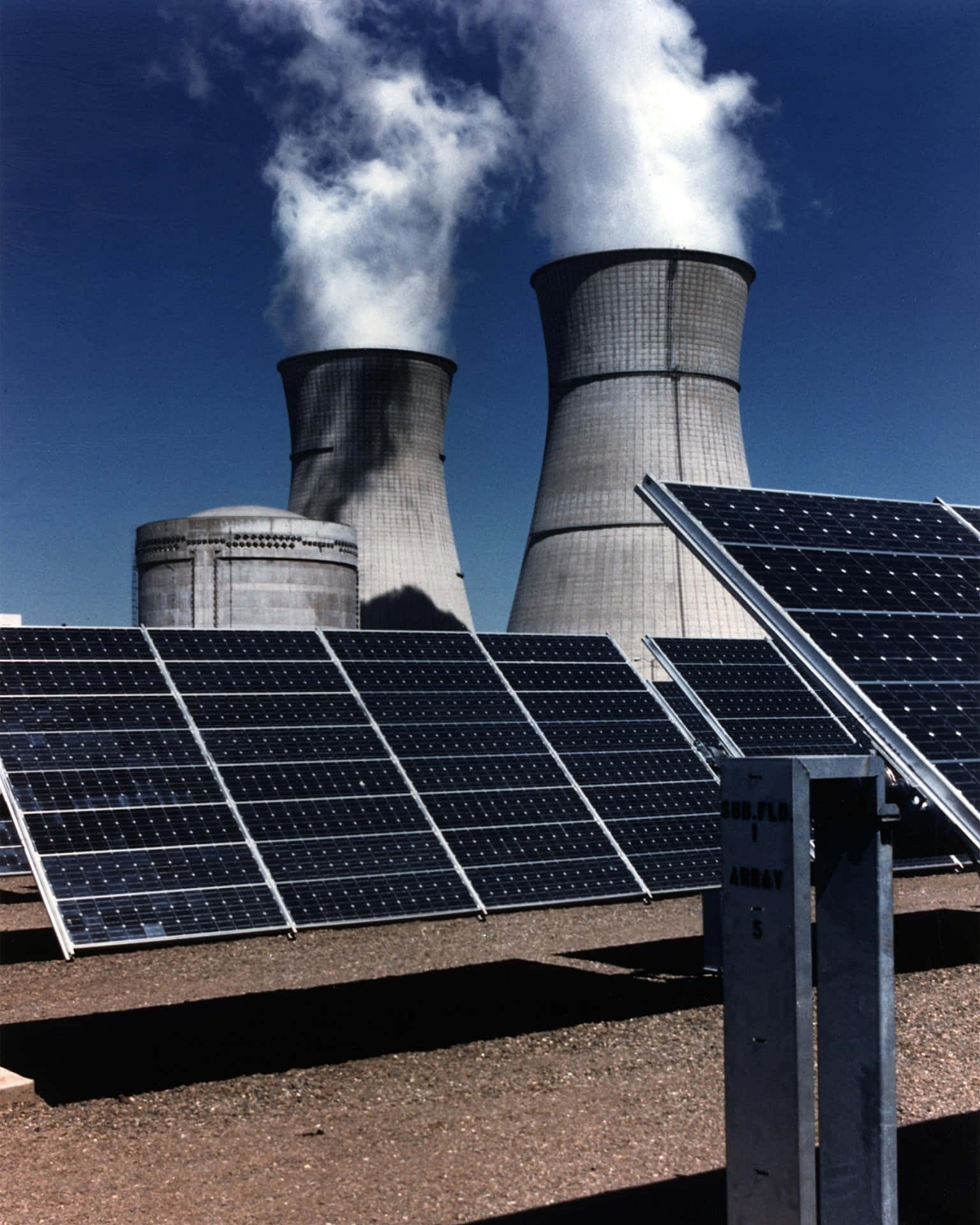 nuclear power plant, solar panels, cooling towers, Full HD Phone Wallpaper