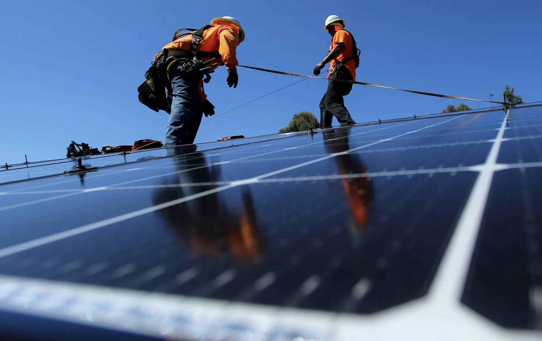 technician, solar panels, orange vests, Full HD Desktop Wallpaper