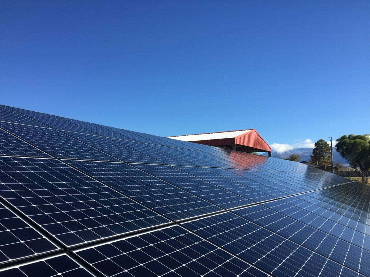 dark blue solar panels, clear blue sky, red barn, HD Desktop Wallpaper