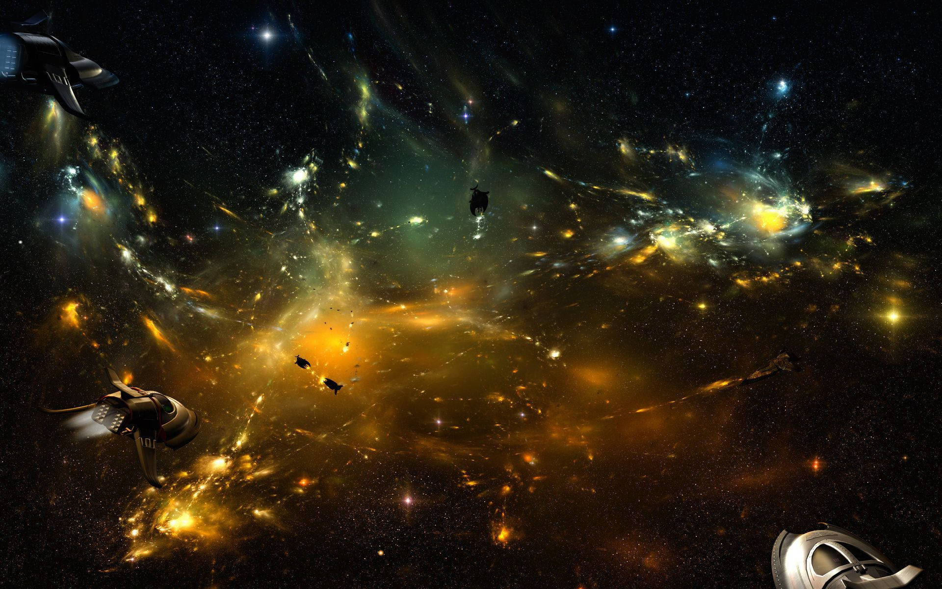 yellow colored solar system, glowing nebulae, distant galaxies, Full HD Desktop Wallpaper