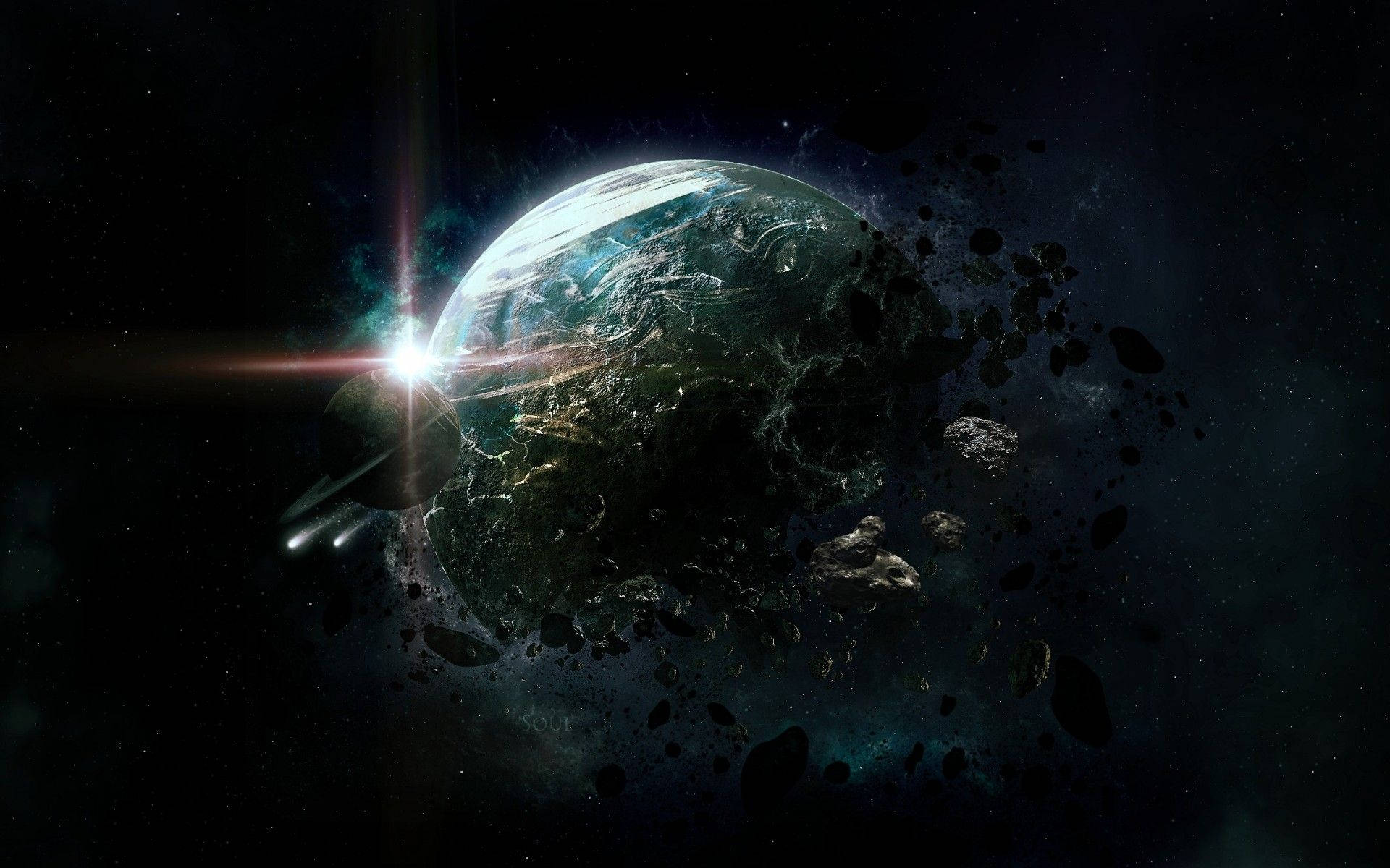 Solar System, shattered planet, glowing blue fractures, Full HD Desktop Wallpaper