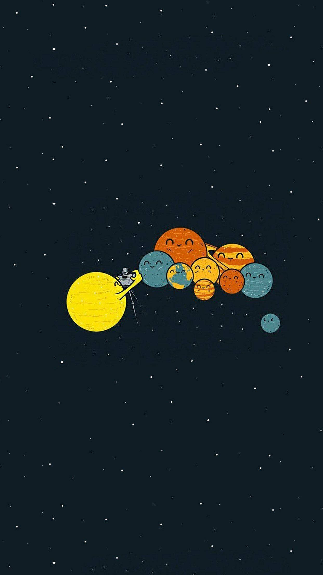 cute solar system illustration, cartoon spaceship, smiling planets, Full HD Phone Wallpaper