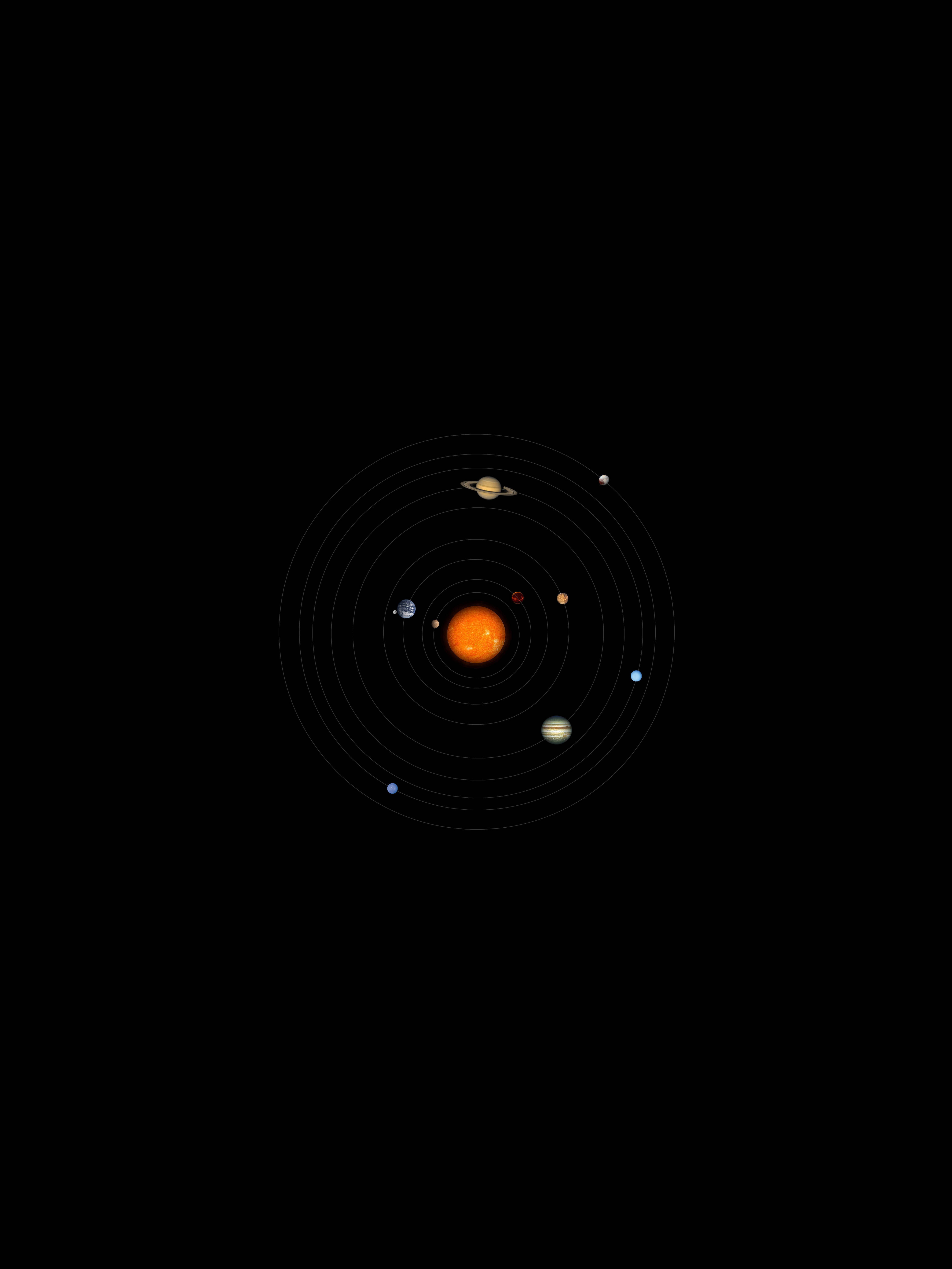 Solar System, orange sun, black void, 5K Phone Wallpaper