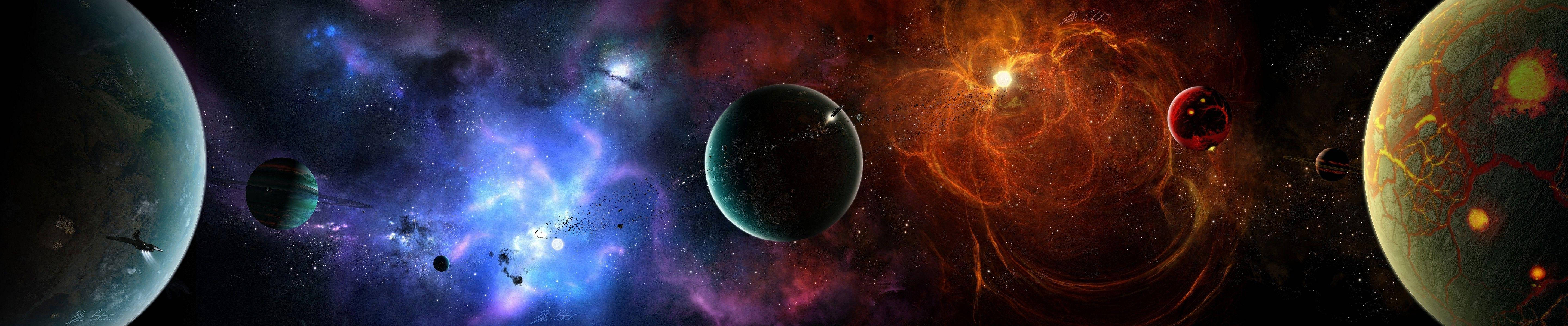 Planets In Space Three Screen, vibrant nebulae, blue, 5K Desktop Wallpaper