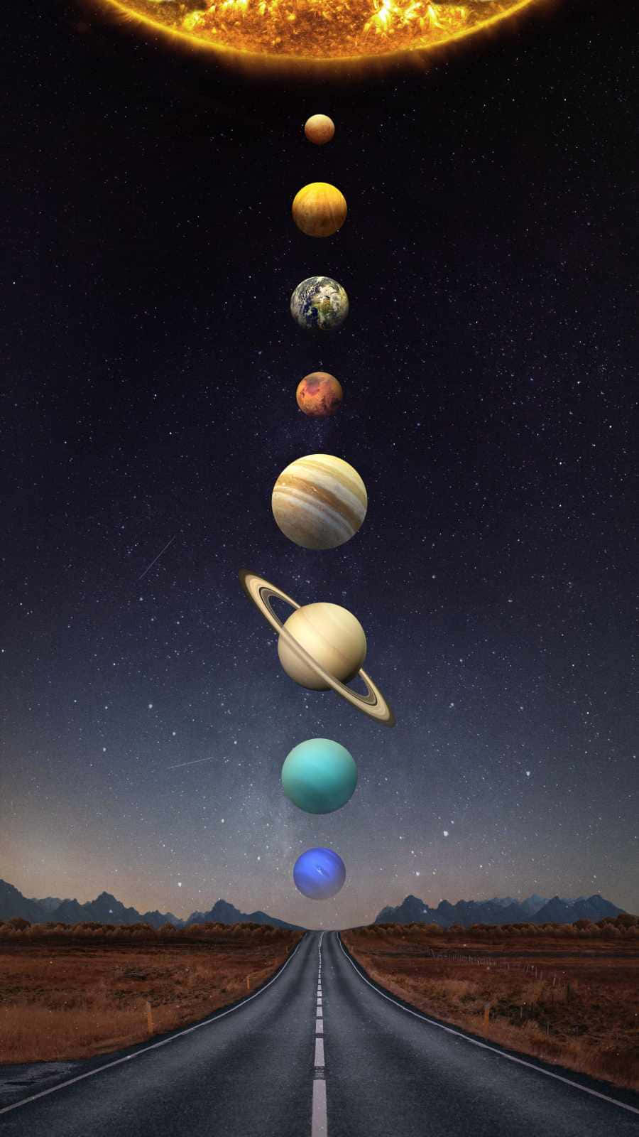 desert road, starry sky, planets, HD Phone Wallpaper