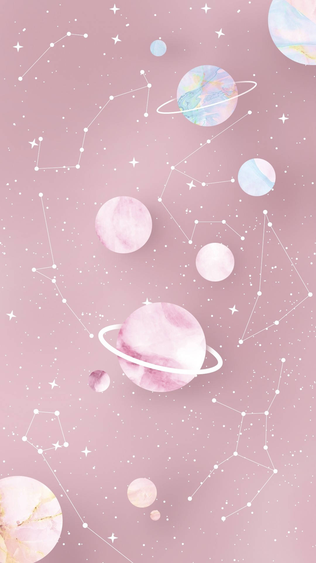 pastel pink cosmos, watercolor planets, constellations, Full HD Phone Wallpaper