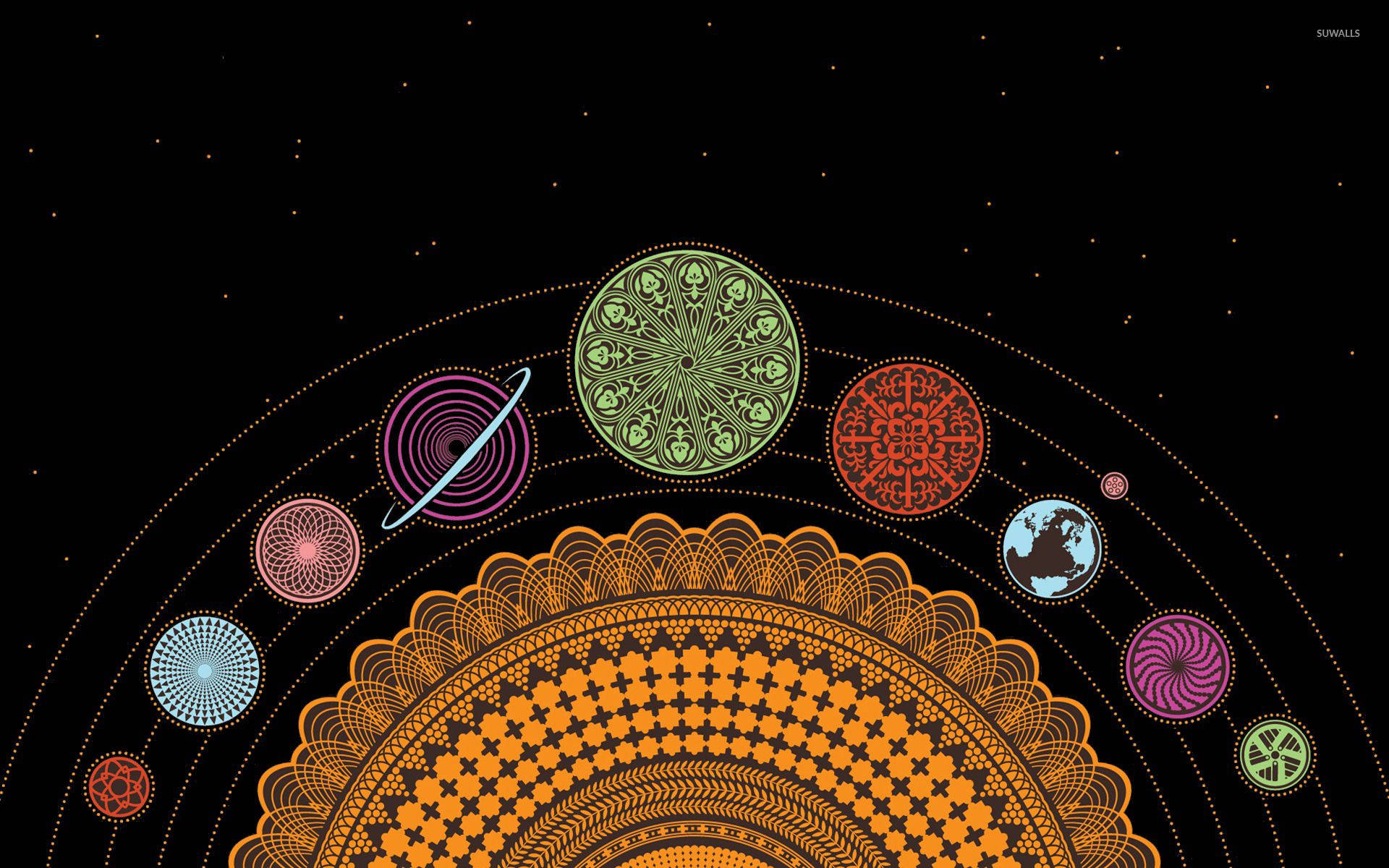 aesthetic vector solar system, cosmic mandala, colorful geometric planets, Full HD Desktop Wallpaper