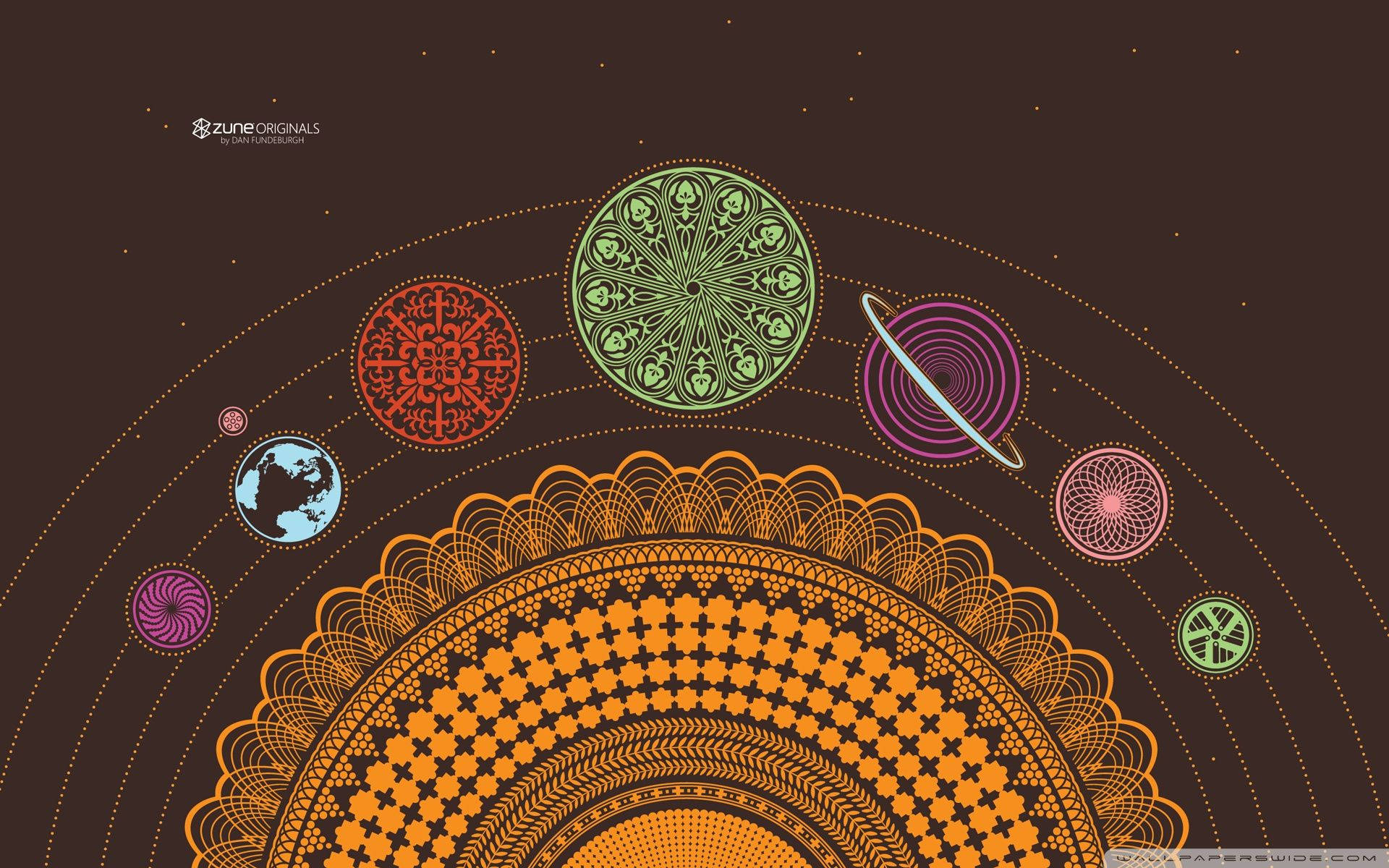 mandala art, solar system, orange patterned sun, Full HD Desktop Wallpaper