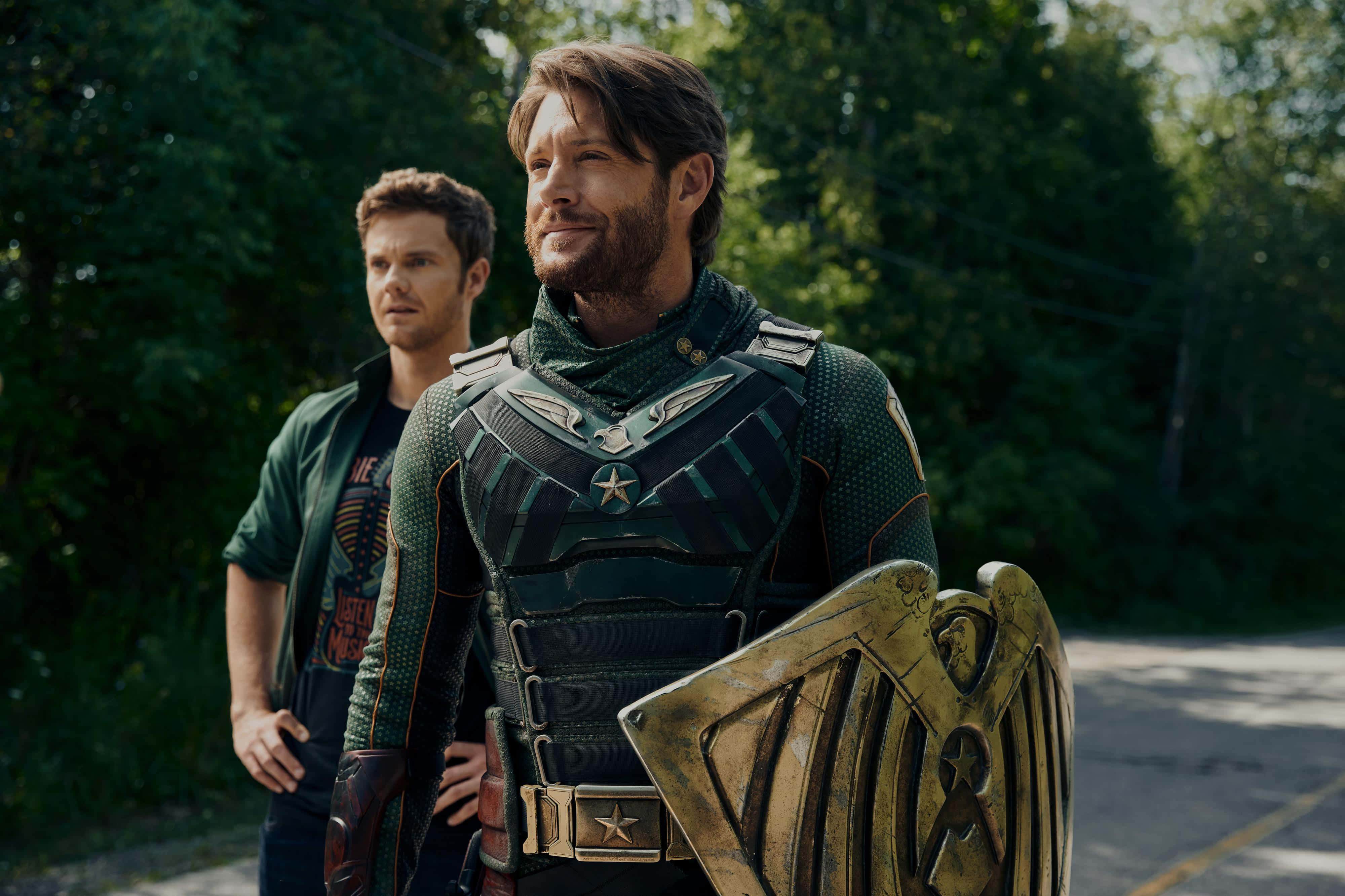 Soldier Boy, green star-emblazoned superhero suit, golden shield, 4K Desktop Wallpaper