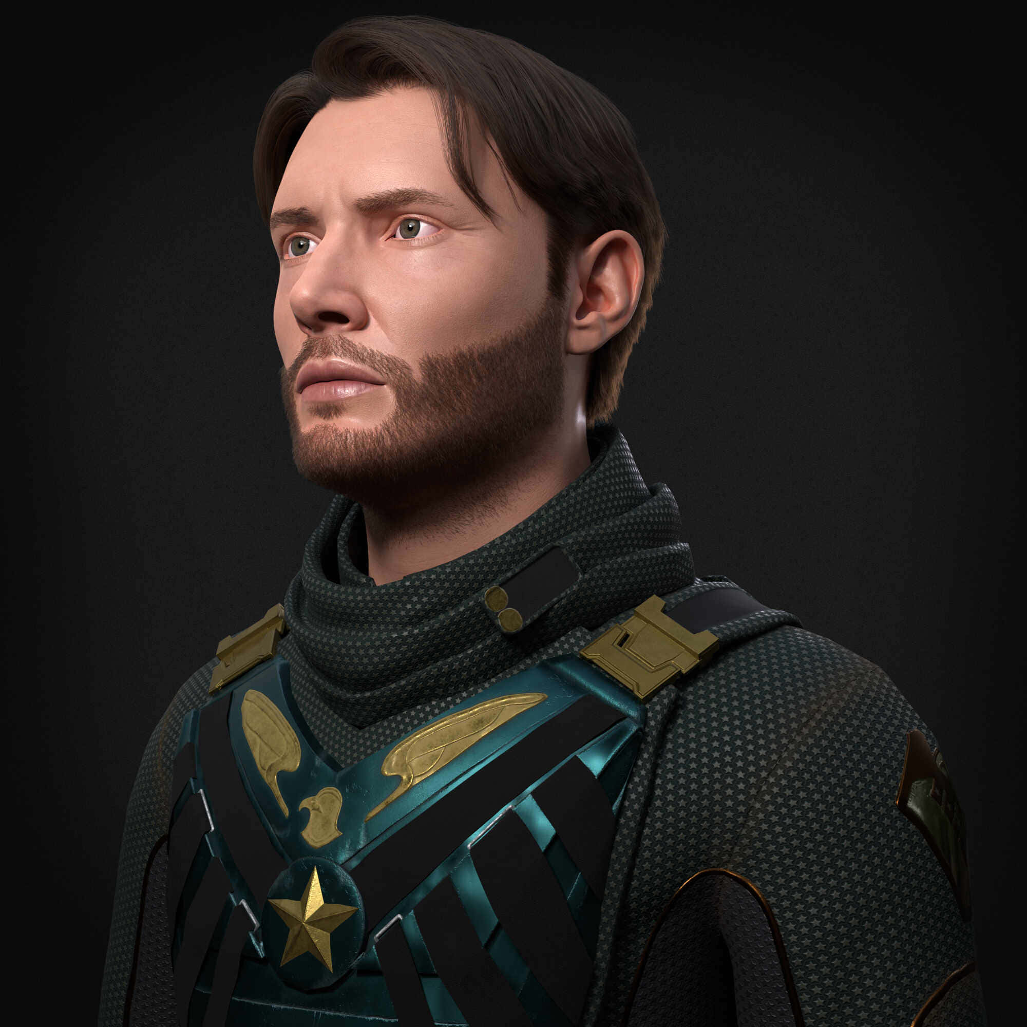Soldier Boy, dark teal and gold armored vest, star and wing emblems, Full HD Desktop Wallpaper