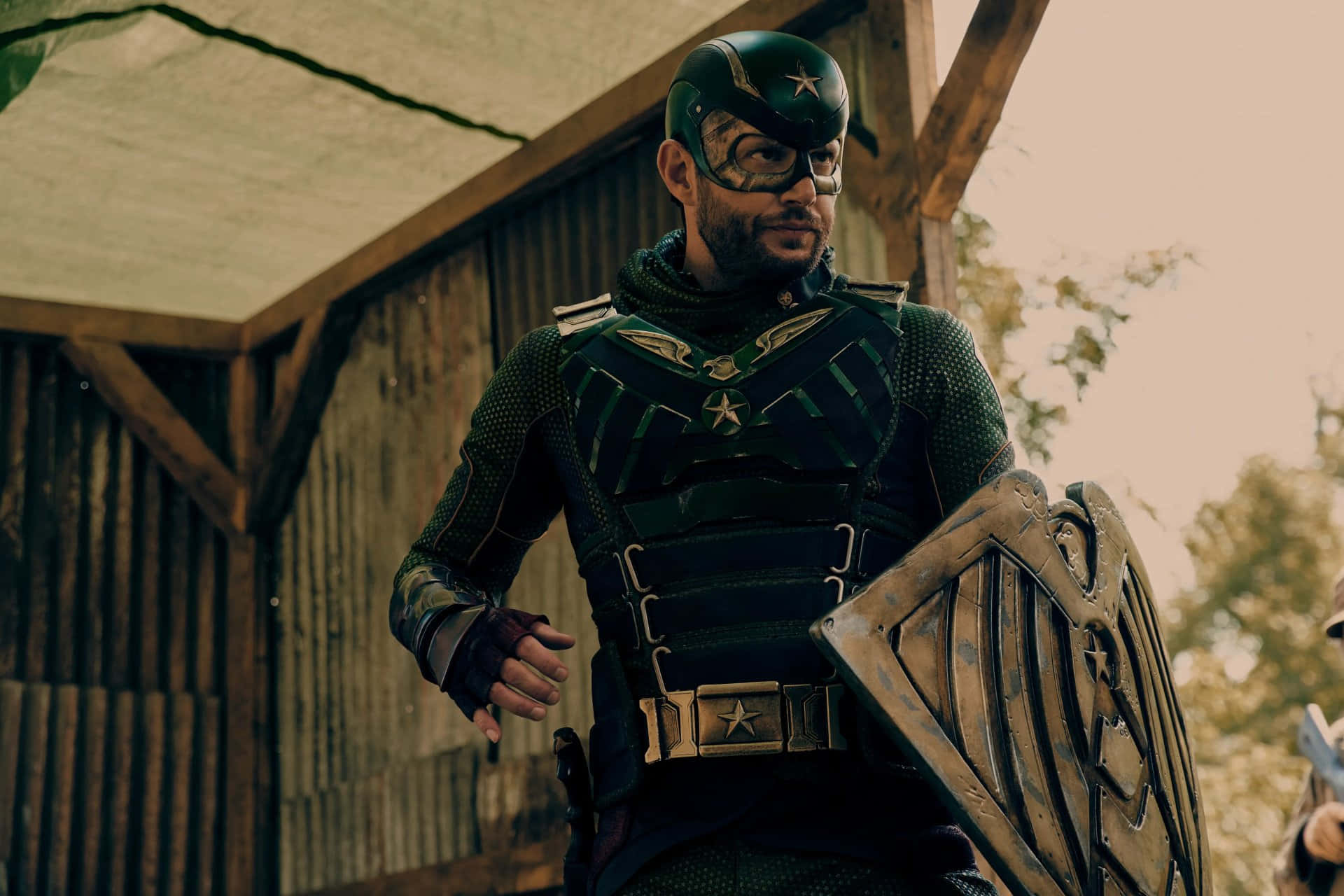 Soldier Boy, dark green star-adorned superhero suit, helmet, Full HD Desktop Wallpaper