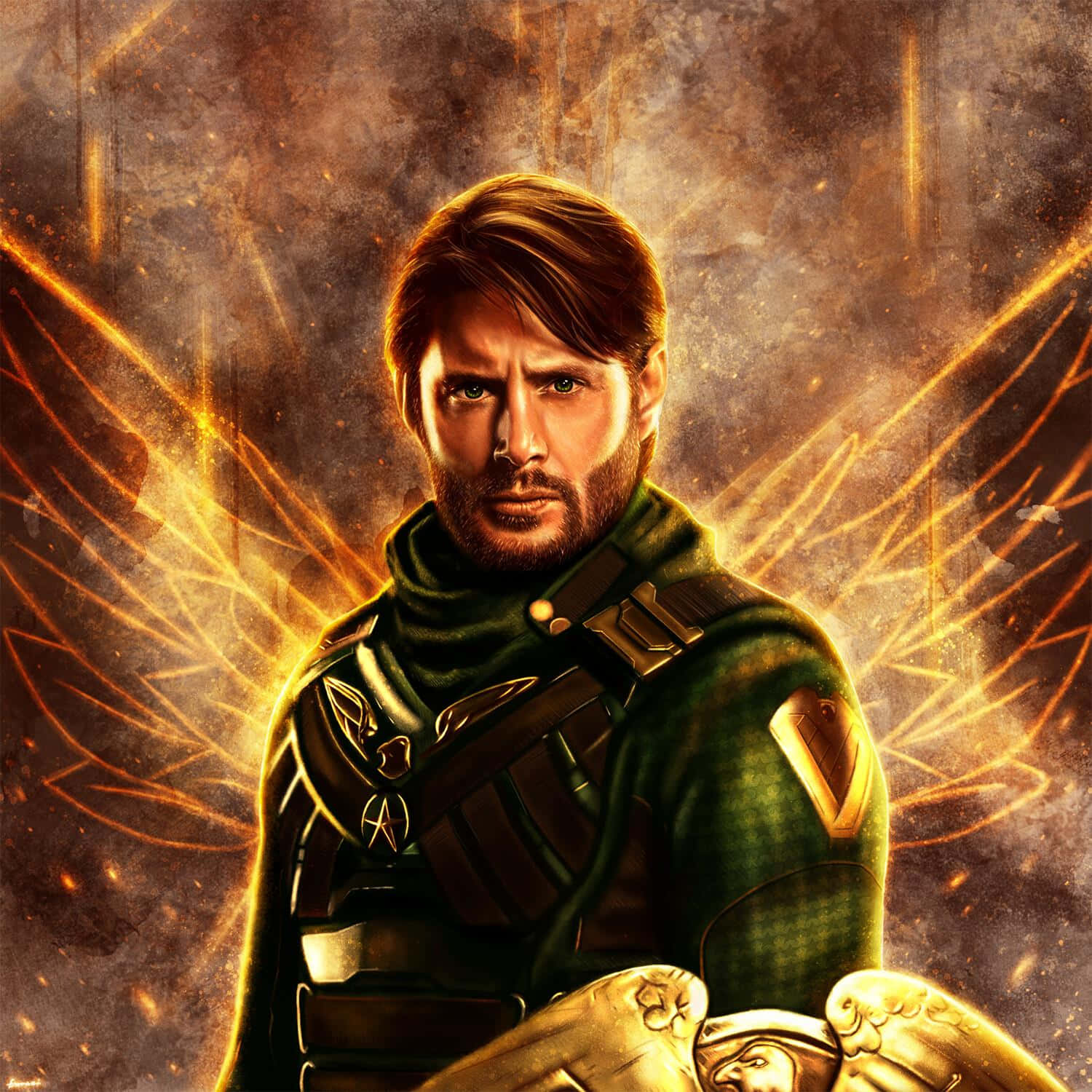 Soldier Boy, green armored attire, glowing golden wings, HD Desktop Wallpaper