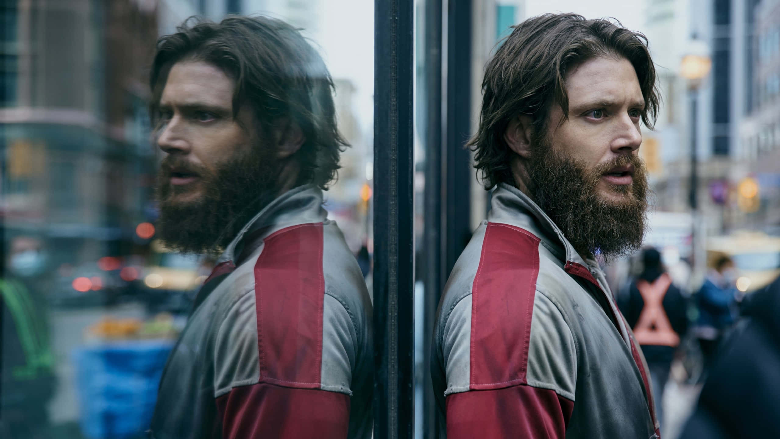 Soldier Boy, red and gray jacket, city street window, 2K Desktop Wallpaper