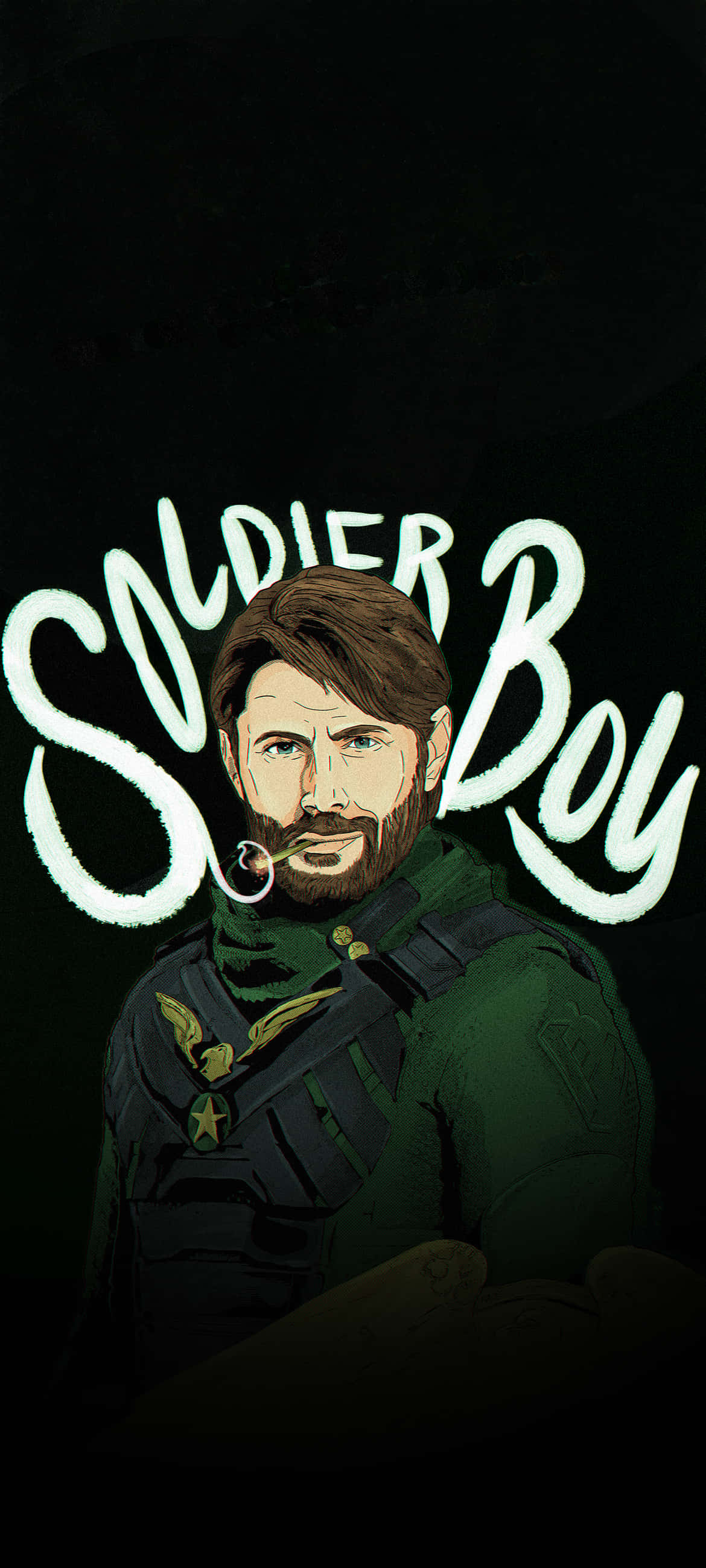 Soldier Boy, green uniform, glowing white text, 2K Phone Wallpaper