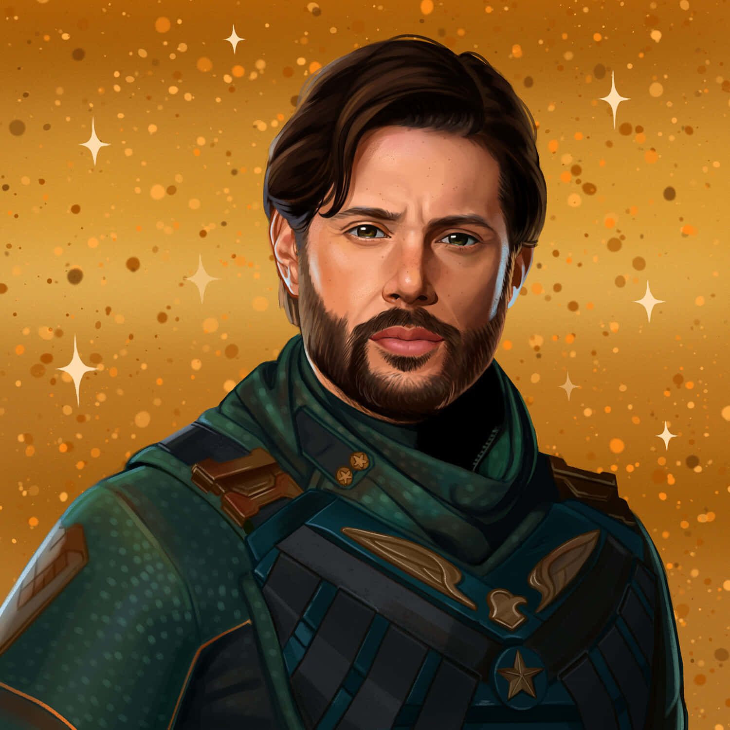 Soldier Boy, teal and gold armored gear, sparkling golden starfield, HD Desktop Wallpaper