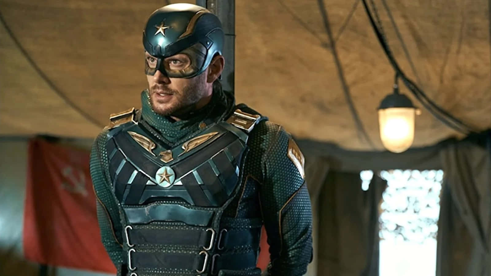 Soldier Boy, dark blue star-adorned superhero suit, dimly lit tent, HD Desktop Wallpaper