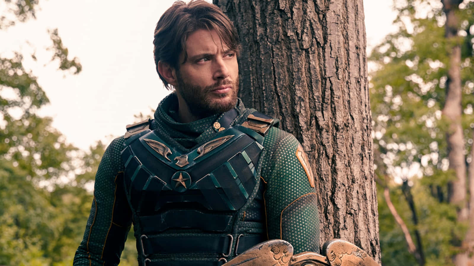 Soldier Boy, green armored suit, tree trunk, HD Desktop Wallpaper
