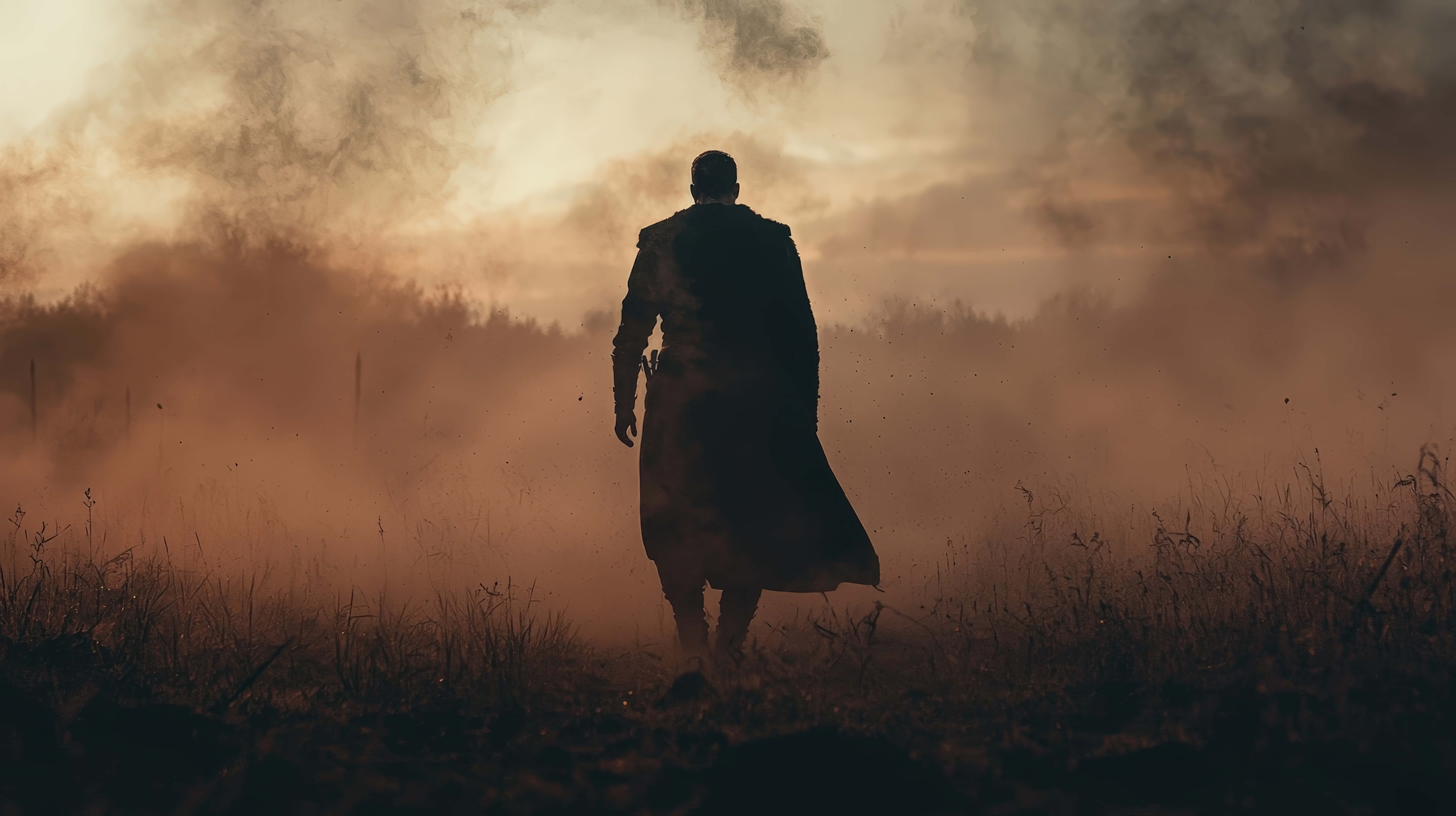 lone warrior, long cloak, dust-filled battlefield, 8K Desktop Wallpaper