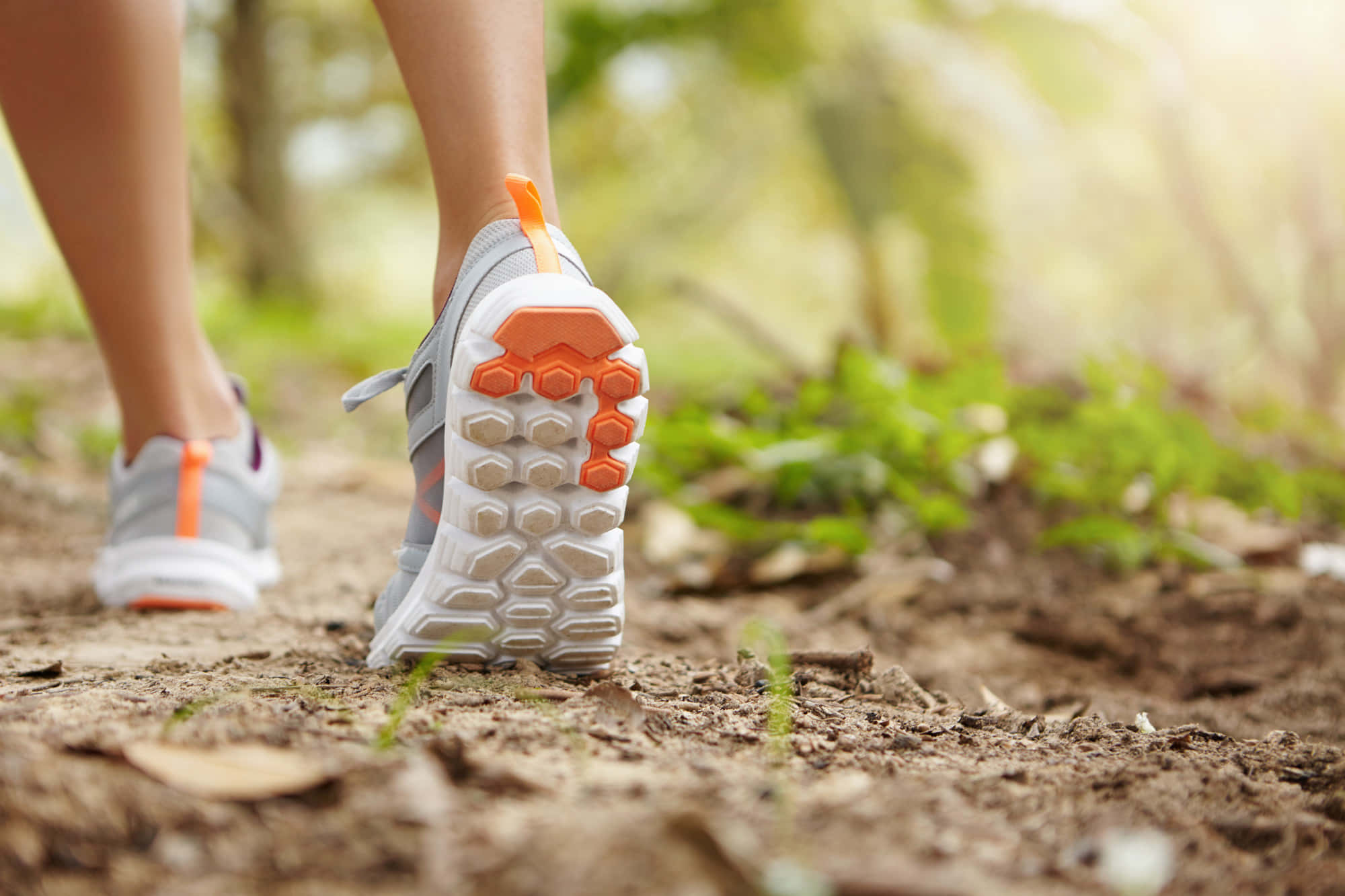 runner's feet, gray and orange sneakers, dirt trail, Full HD Desktop Wallpaper