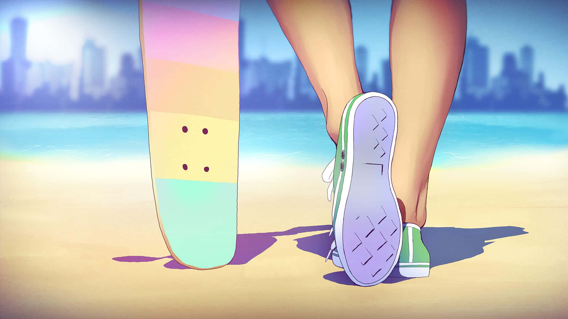 Skater Girl Sneakers Sole, green sneakers, rainbow skateboard, Full HD Desktop Wallpaper