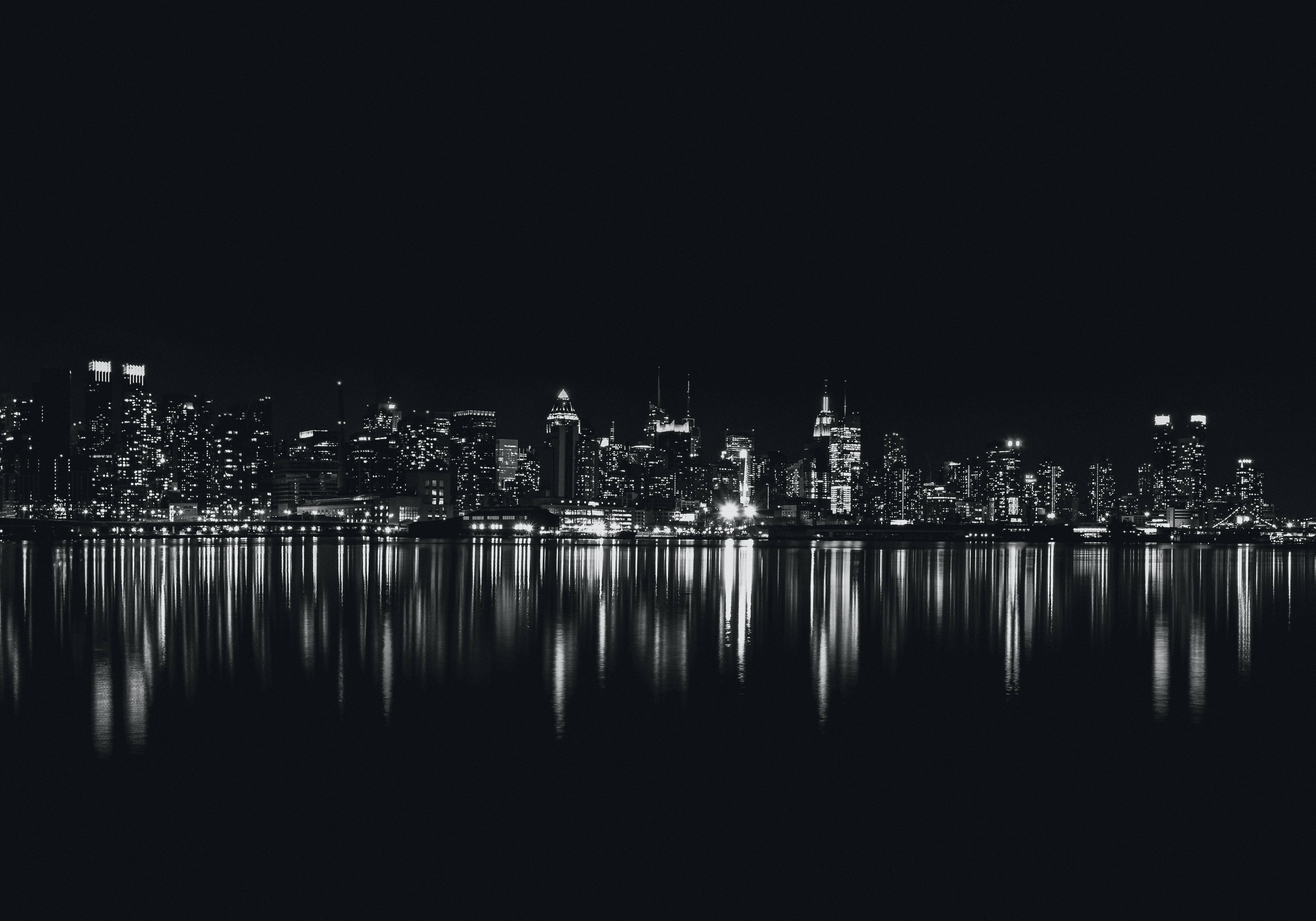 Black Cityscape, monochrome city skyline, night, 5K Desktop Wallpaper