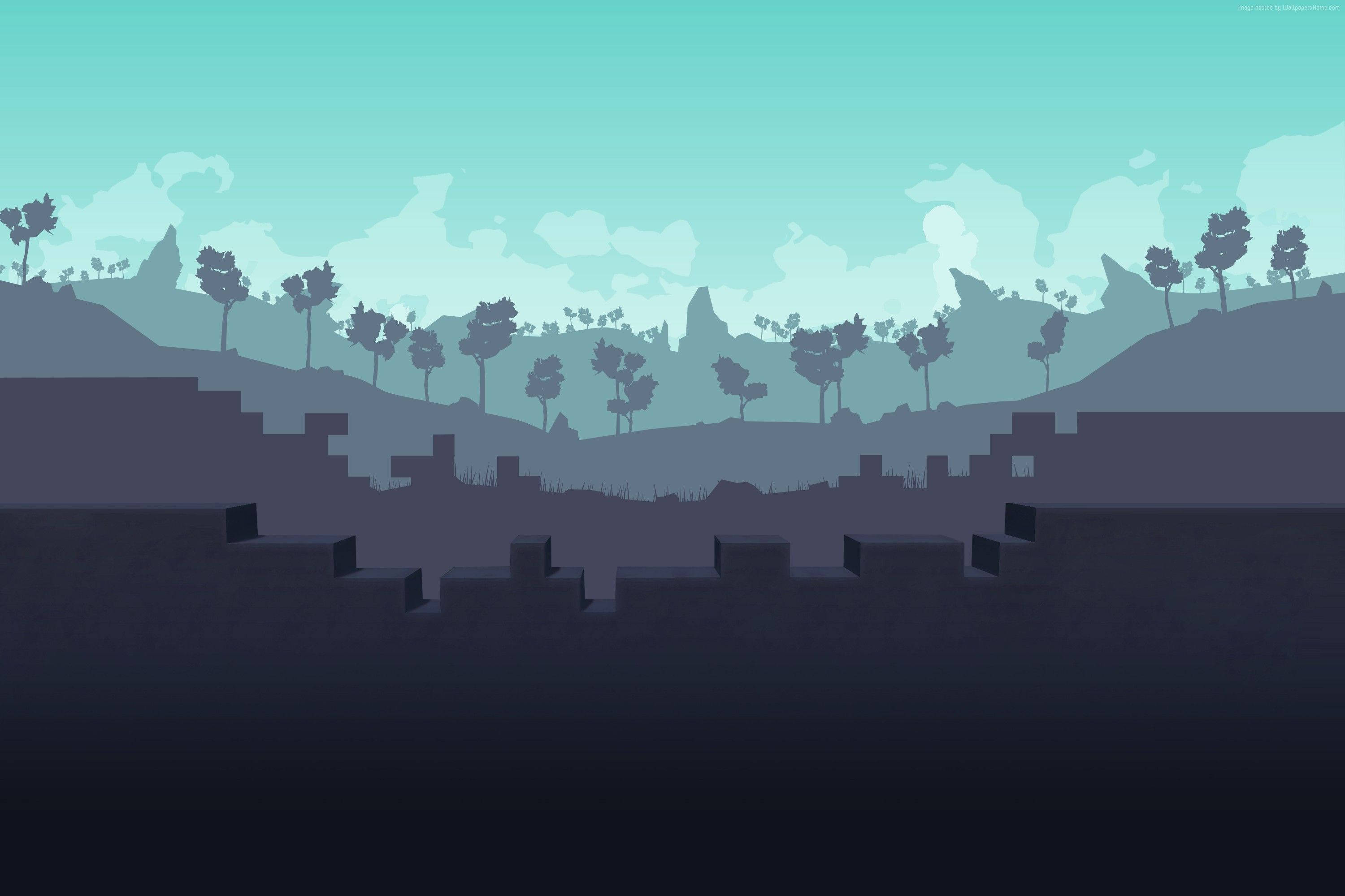 Soft Green 4K PC Landscape, dark purple ruins, silhouetted trees, 2K Desktop Wallpaper