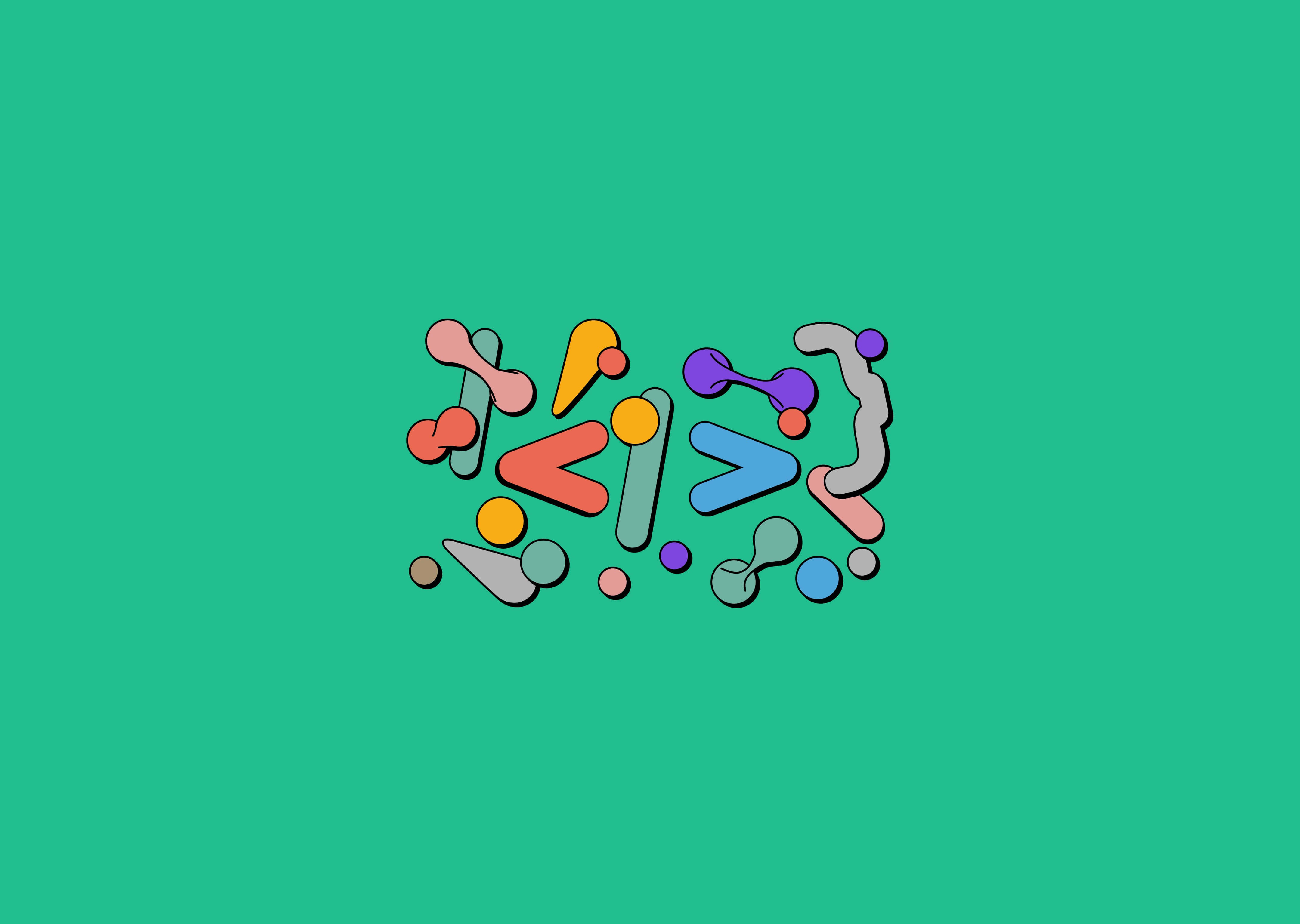 abstract colorful shapes, solid teal background, playful digital-art composition, 4K Desktop Wallpaper