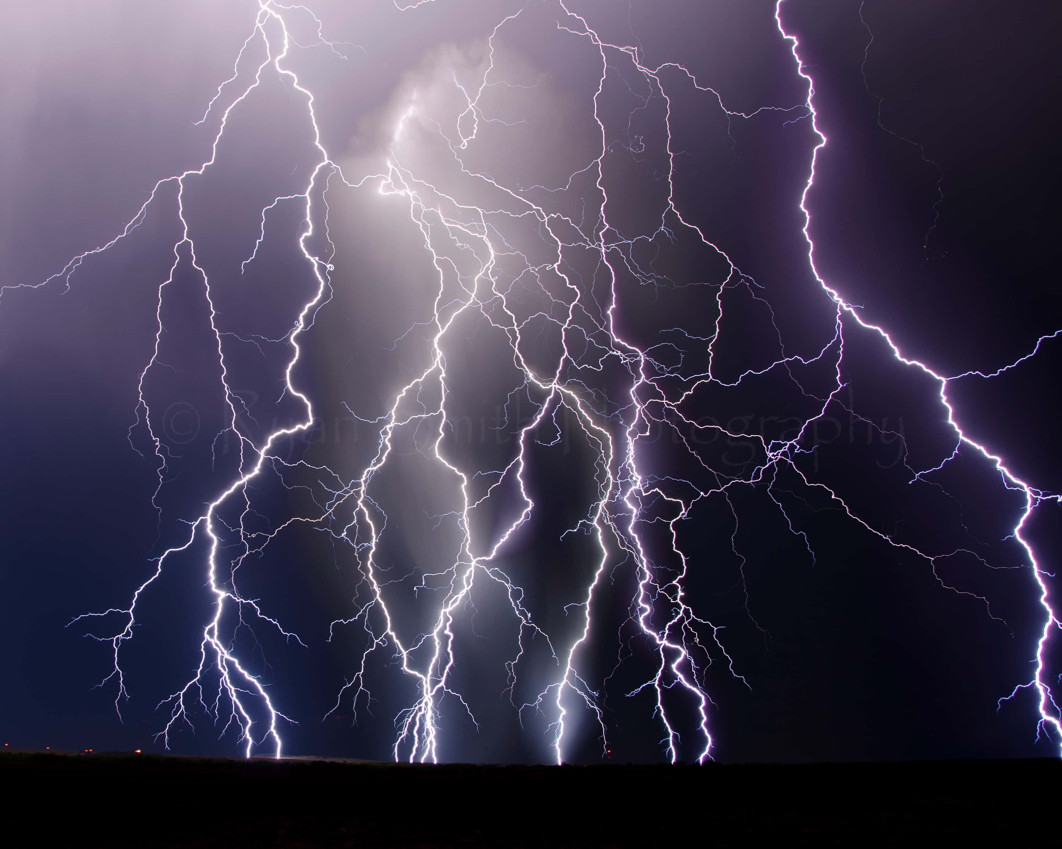 purple lightning, white lightning, night sky, 2K Desktop Wallpaper