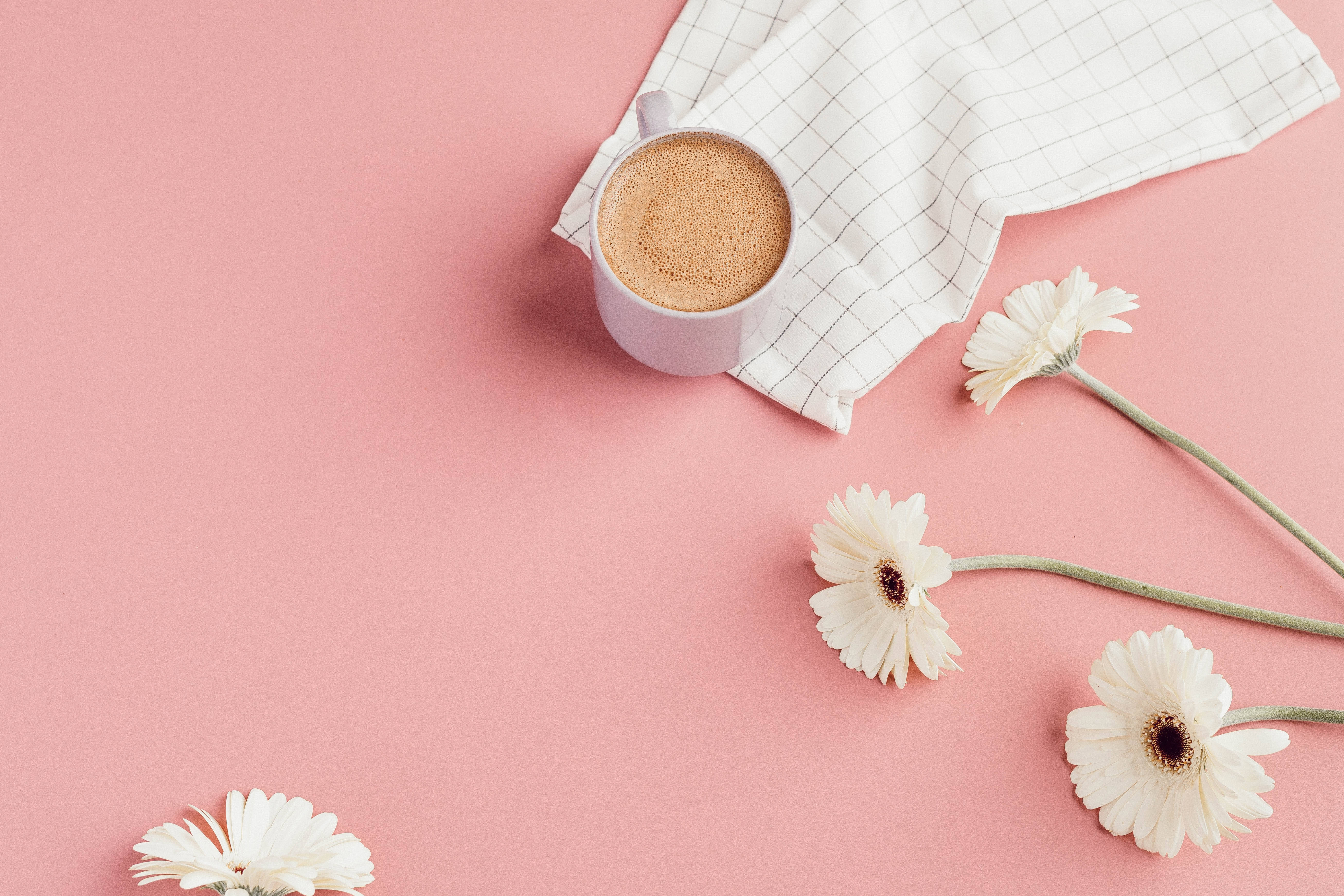 pastel pink, mug of coffee, checkered cloth, 5K Desktop Wallpaper