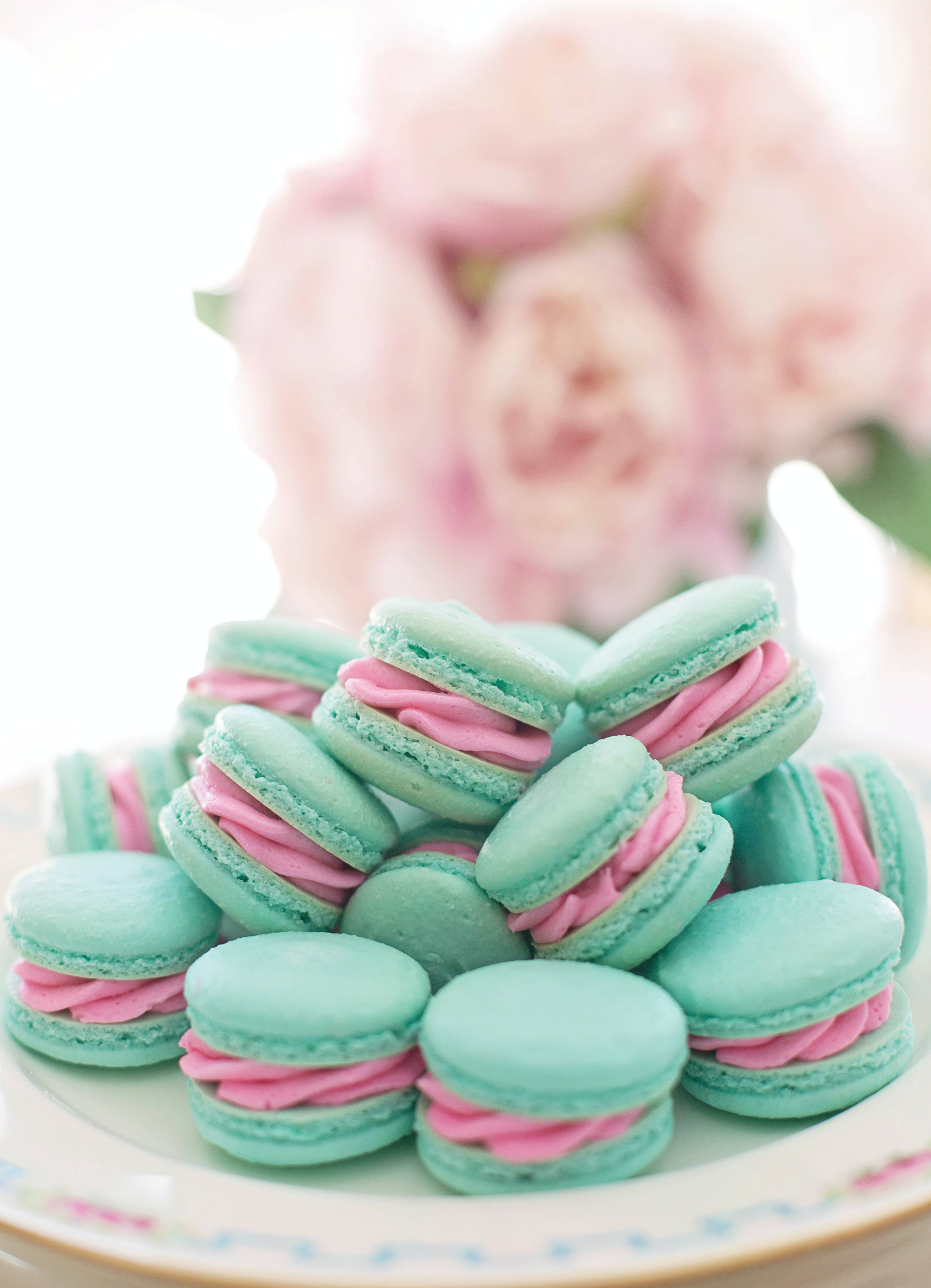 mint green macarons, pink filling, plate, 5K Phone Wallpaper