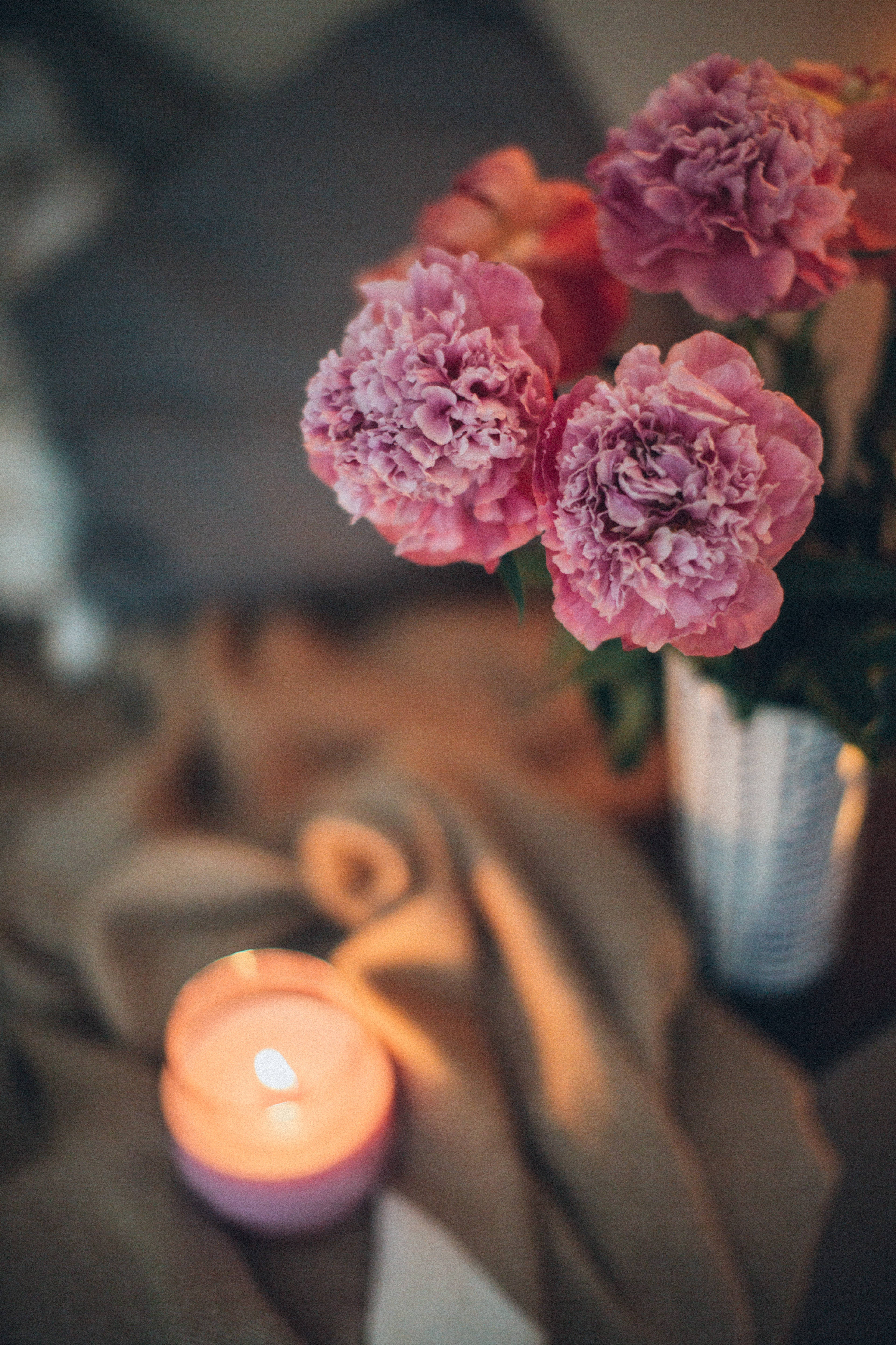 fuschia pink, soft pink peonies, glowing candle, 5K Phone Wallpaper