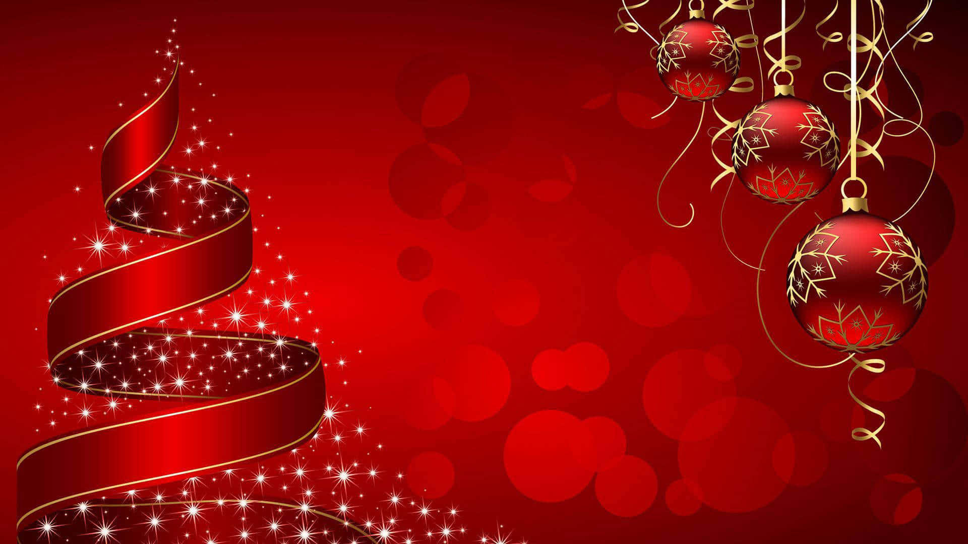 solid red, Christmas tree, gold ornaments, Full HD Desktop Wallpaper