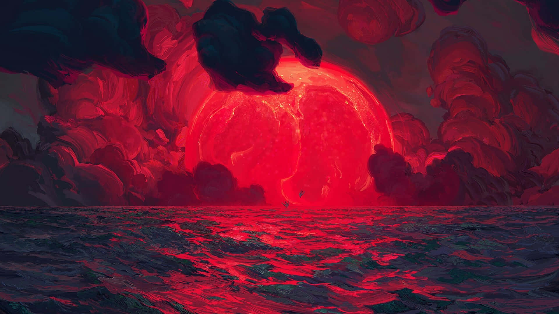 Solid Red, red sun, stormy clouds, Full HD Desktop Wallpaper