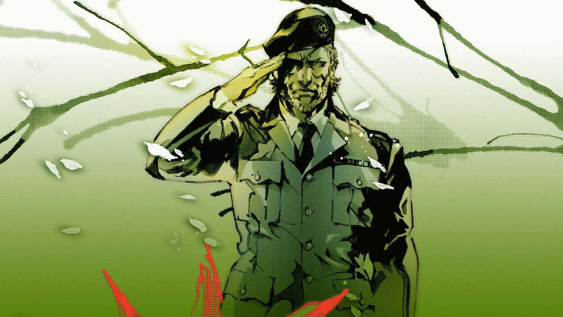 Solid Snake, green backdrop, falling leaves, Full HD Desktop Wallpaper